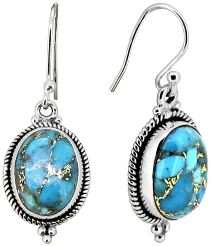 Blue Copper Turquoise Dangle Earrings for Women | 925 Sterling Silver Southwest Western Jewelry | Boho Birthday & Christmas Gifts for Her | Oval Turquoise Drop Earrings | Perfect for Western Fashion, Boho Chic Style & Holiday Gift Giving