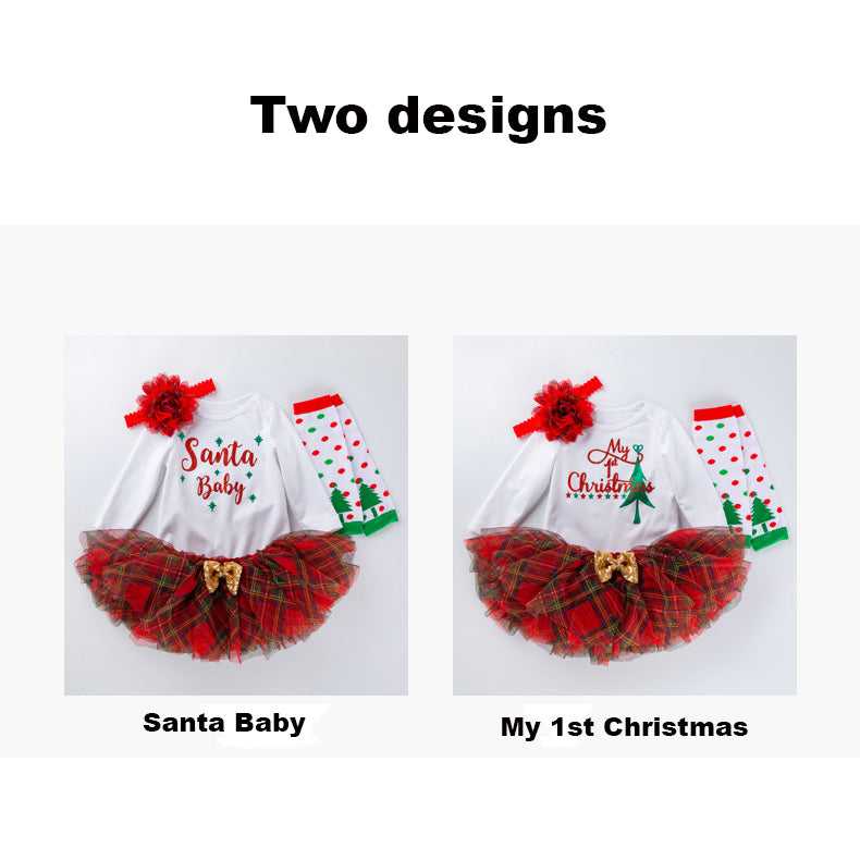 Baby Girl Christmas Outfit Set - White Long Sleeve Bodysuit, Plaid Skirt, Socks & Headwrap 4-Piece Holiday Ensemble | Perfect for Christmas Photos, Parties & Family Gatherings