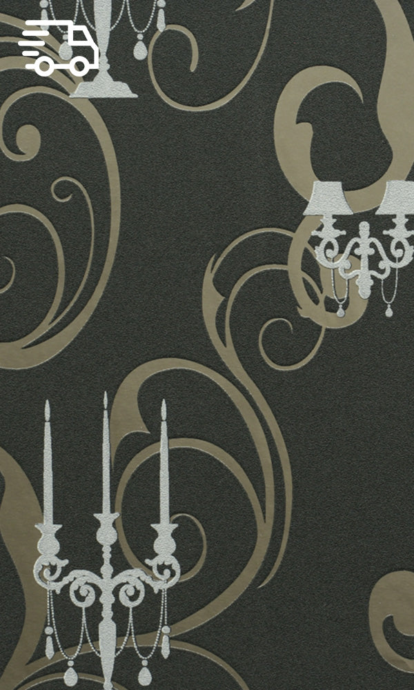 Black Adorned Swirl Wallpaper R7233 - Elegant Peel and Stick Wallpaper for Bedroom, Living Room & Office Decor