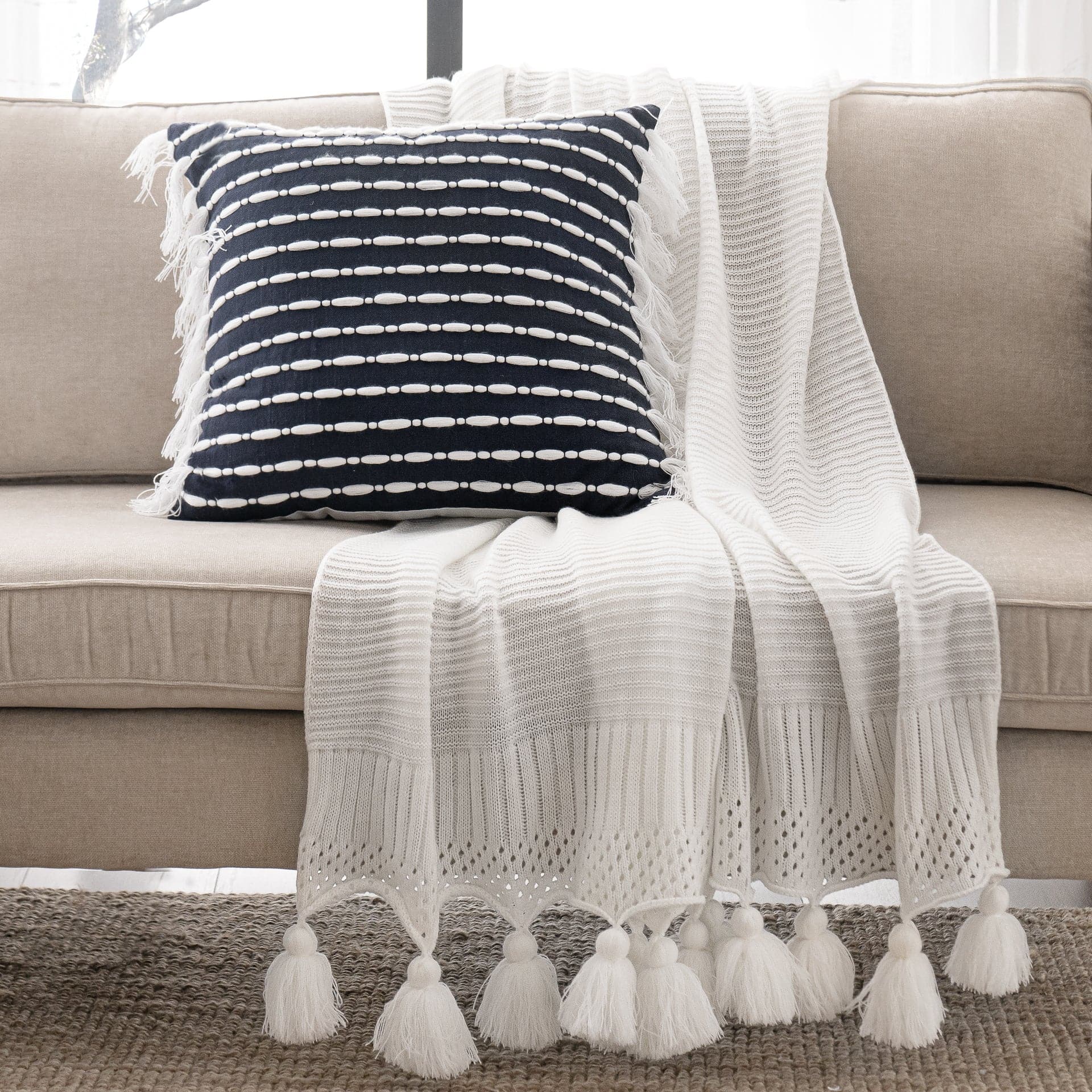 Elegant Linear Tassel Decorative Throw Pillow Cover - Boho Chic Home Decor for Sofa, Bed & Living Room