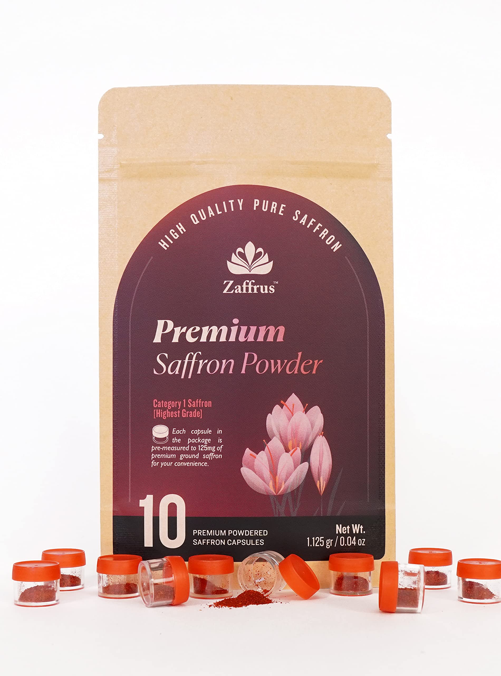 Premium Zaffrus Saffron Powder - 1.125g (0.04oz) Pack of 10 - Pure Kashmiri Saffron for Cooking, Baking, Tea & Specialty Drinks - Ideal for Chefs, Athletes & Health Enthusiasts - Perfect for Paella, Risotto, Golden Milk & Desserts