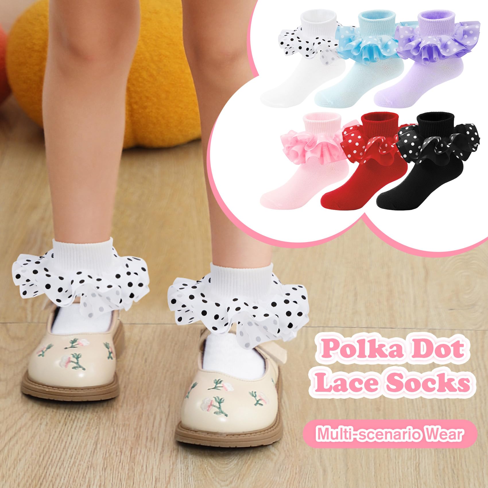 Durio Girls Toddler Ruffle Socks - Lace Polka Dot Frilly Ankle Socks for Kids & Babies | Cute Dress Socks for Parties, Photos & Special Occasions