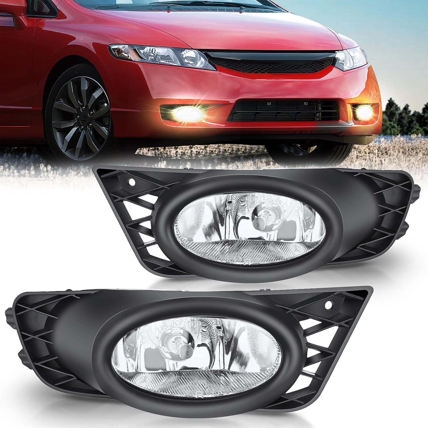 2009-2011 Honda Civic Sedan Fog Light Assembly with Clear Lens & H11 12V 55W Bulbs - Replacement for Improved Night Driving Visibility