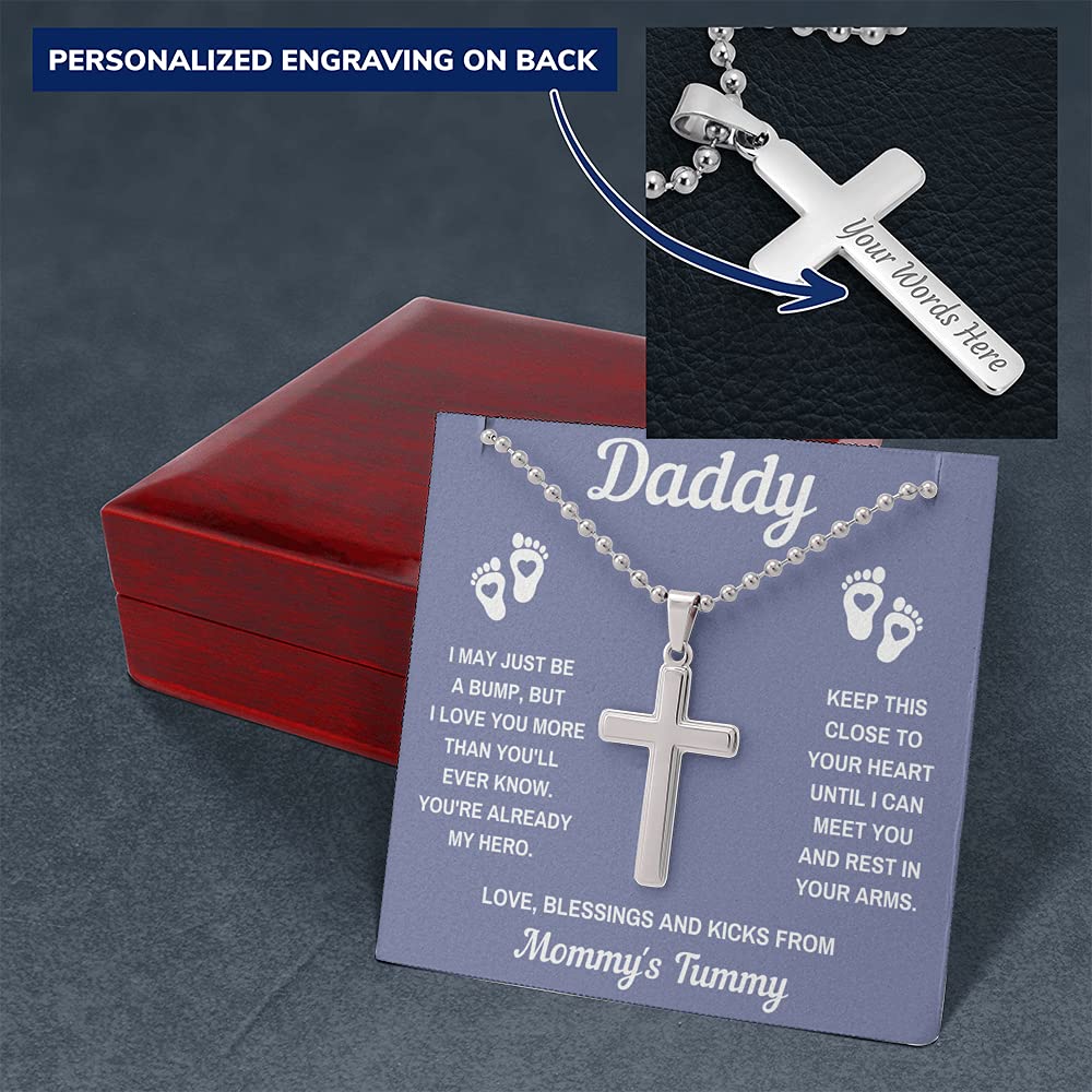 Personalized Dad Cross Necklace - Handcrafted Grey Pendant with Ball Chain for Father's Day Gift from Baby | Gift Box & Message Card Included | Perfect for New Dads, Baptism, First Father's Day & Daily Wear