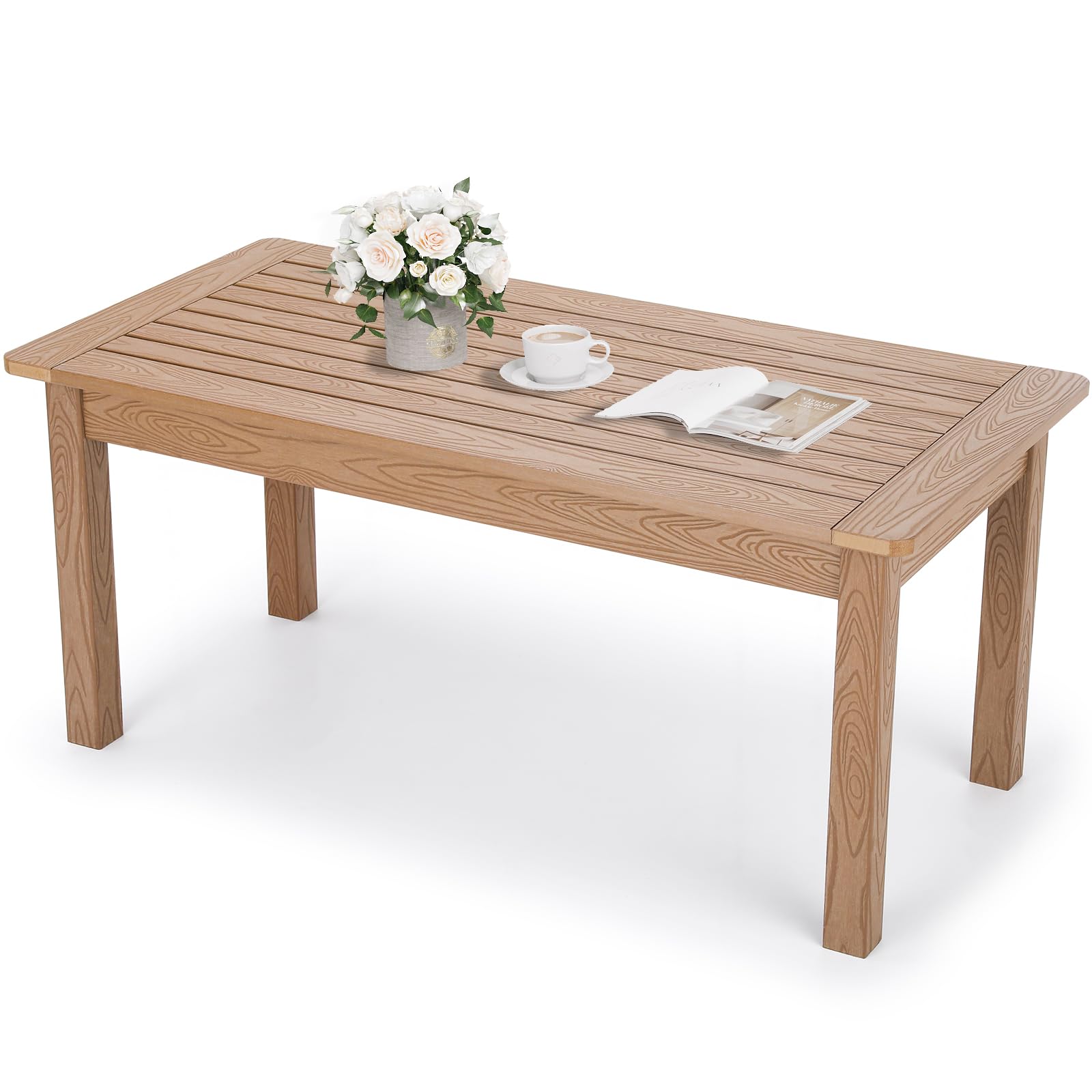 All-Weather Outdoor Coffee Table - Modern Rectangle Teak Patio End Table for Backyard, Porch, Garden, Pool & Deck | Durable HIPS Material | Perfect for Outdoor Entertaining & Relaxation
