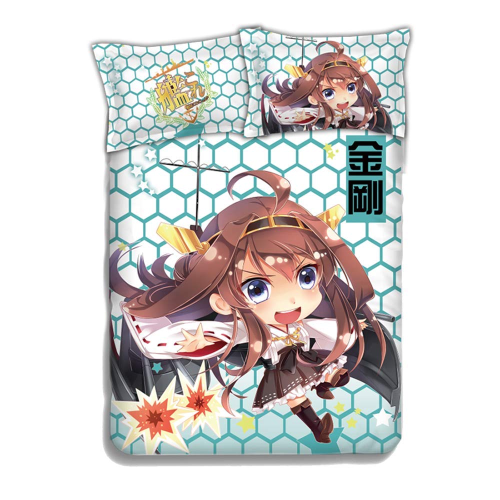 Kongou Kantai Collection Anime Bed Sheet Set - 150x200cm Peach Skin Japanese Anime Bedding for Full/Double Bed (5ft6.6ft) - 3 Piece Set for Anime Fans & Gamers | Perfect for Bedroom Decor, Cosplay Events & Gift Giving