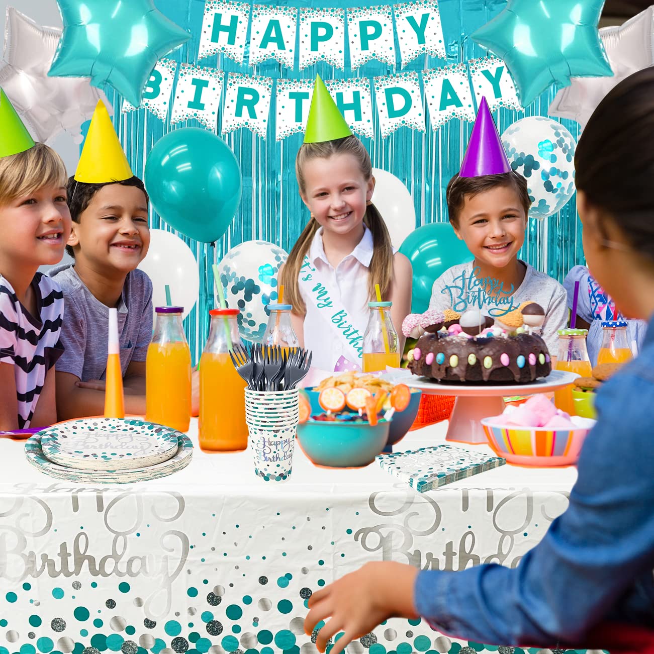 Teal Blue Birthday Party Supplies for 20 Guests - 80-Piece Set with Plates, Cups, Napkins, Balloons, Banner, Sash, Cake Topper & Curtains | Perfect for Baby Showers, Bridal Showers & Birthday Celebrations