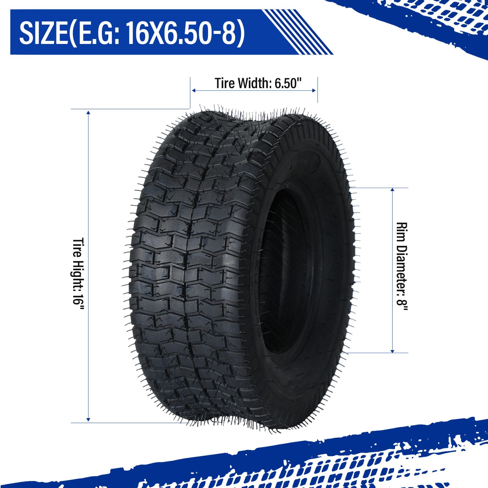 Set of 2 - 16X6.50-8 Tubeless Turf Tires for Lawn Mower & Garden Tractors - 2PR Heavy Duty - Perfect for Golf Carts, ATVs & Yard Equipment