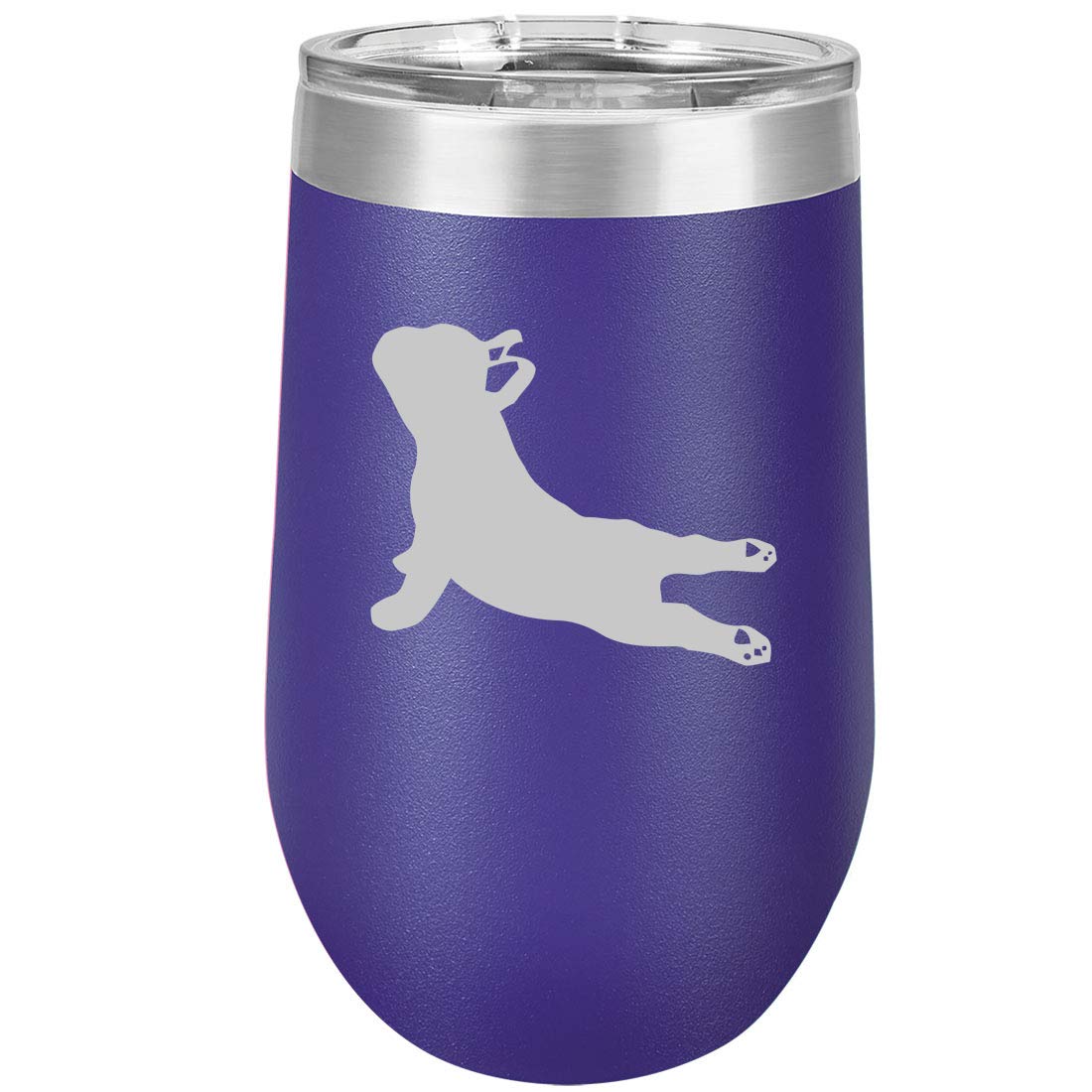 16 oz Double Wall Vacuum Insulated Stainless Steel Wine Tumbler - Stemless Coffee Travel Mug with Lid - French Bulldog Yoga Design (Purple) - Perfect for Hot/Cold Drinks, Office, Gym & Outdoor Activities