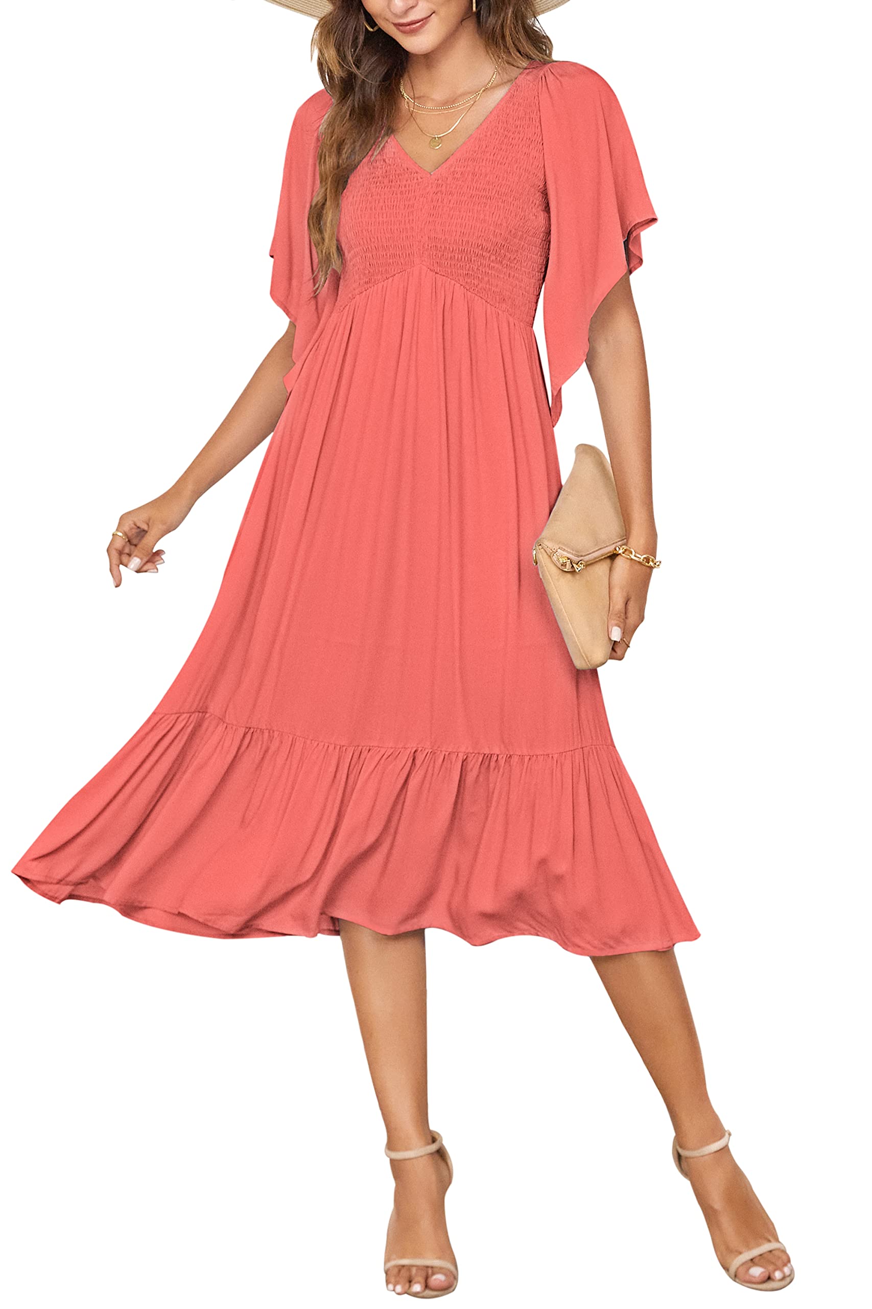 PYGFEMR Women's Summer Floral Print Empire Waist Dress - Smocked Bodice, Flutter Short Sleeves & V-Neck Midi Dress for Beach, Vacation & Casual Outings
