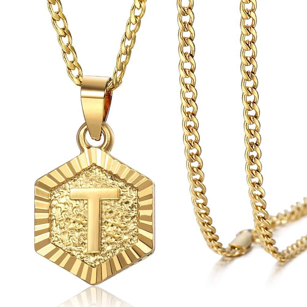 Trendy Gold Plated Hexagon Initial Necklace for Women - Personalized A-Z Letter Pendant with Curb Chain - Perfect Gift for Birthday, Anniversary & Valentine's Day