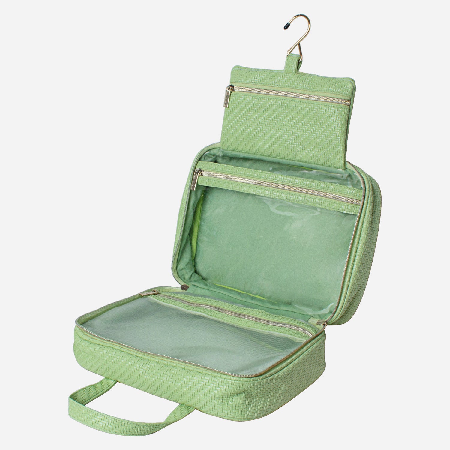 Hanging Cosmetic Bag - Herringbone Pistachio Green Travel Makeup Organizer for Women | Portable Hanging Toiletry Case for Bathroom, Gym & Vacation