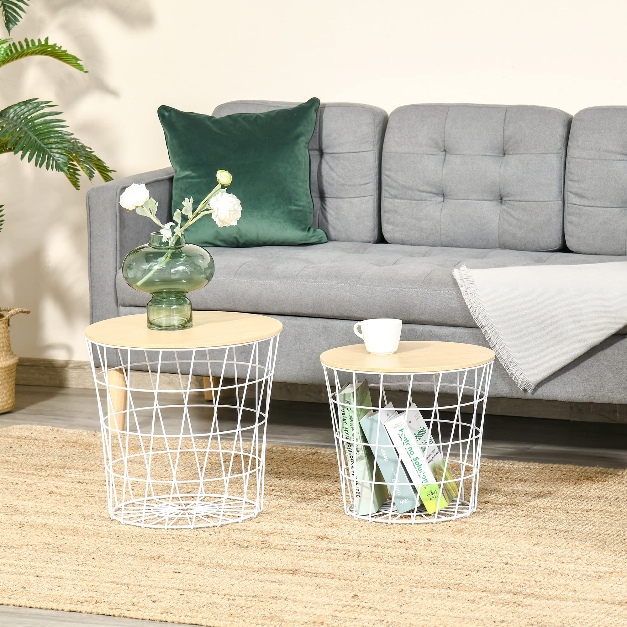 HOMCOM 2-Piece Round Nesting End Tables with Storage, Removable Top Accent Side Tables for Living Room, Bedroom, or Office - White and Natural Finish | Perfect for Small Spaces, Home Decor, and Extra Storage