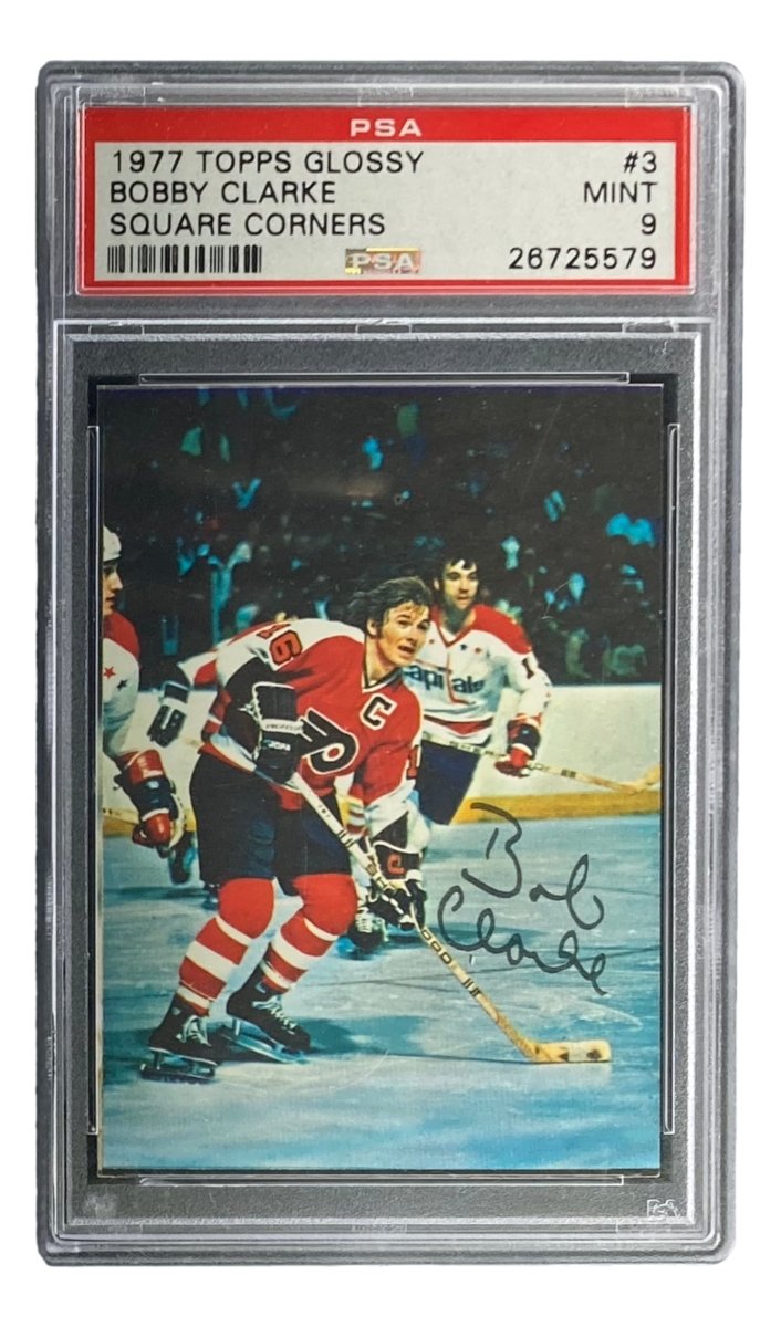 Bob Clarke Signed 1977 Topps Glossy #3 Flyers Trading Card Insert PSA/DNA Mint 9 - Perfect for Hockey Memorabilia Collections & Sports Fan Gifts