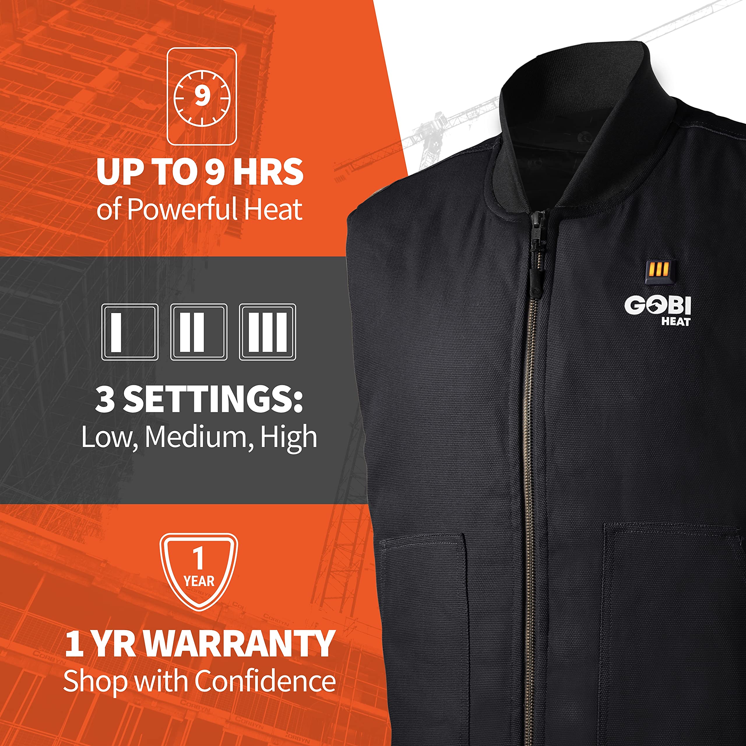 Ibex Men's Heated Work Vest with Battery Pack - 9 Hours Continuous Heating, 3 Adjustable Heat Settings (Includes USB Charging Cable) - Perfect for Outdoor Jobs, Winter Construction & Cold Weather Activities