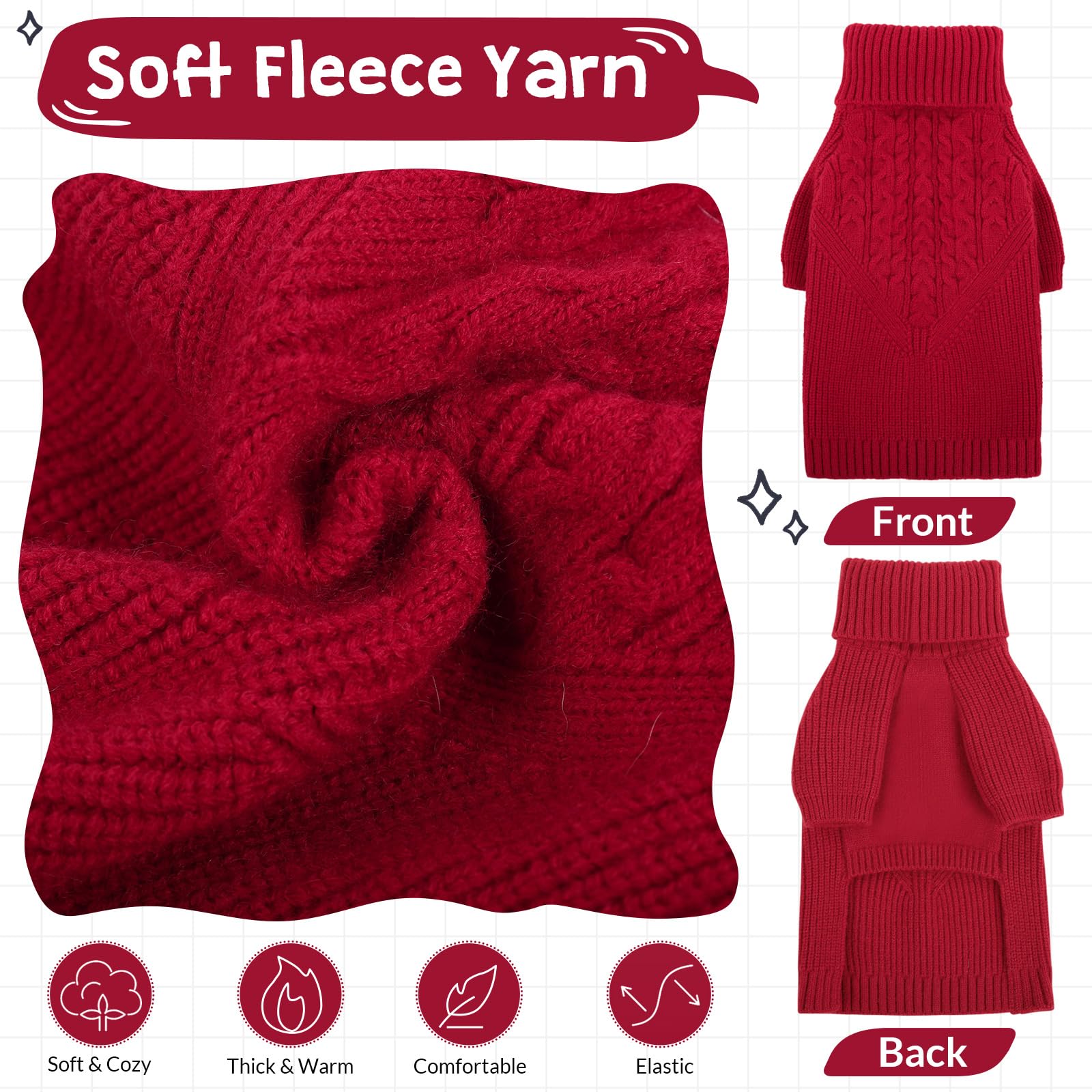 Queenmore Dog Sweater - Warm Winter Knit Puppy Sweater for Small to Large Dogs, Turtleneck Long Sleeve Christmas Sweater in Red (XS) - Cozy Outfit for Fall/Winter Walks, Holiday Photos & Indoor Comfort