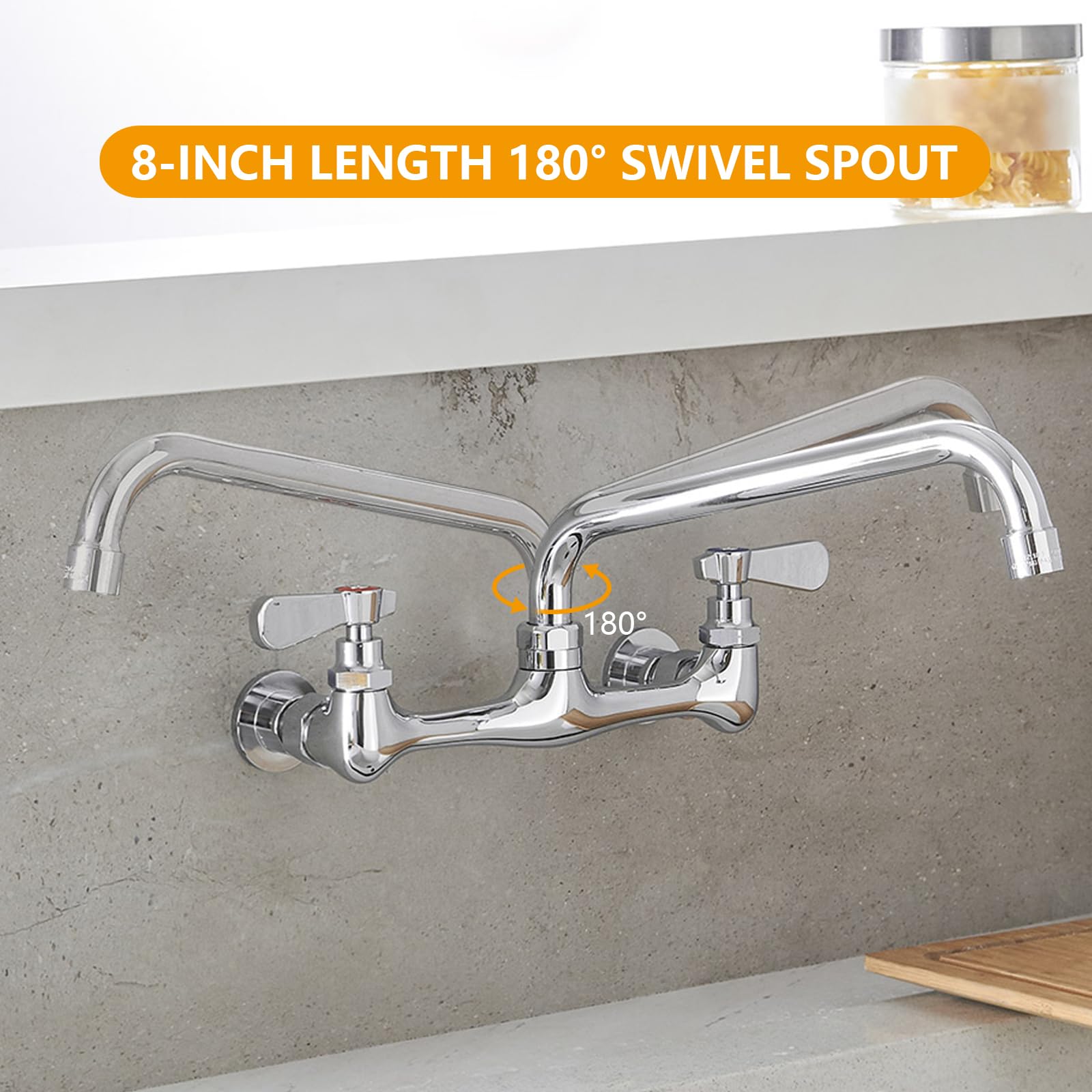 8 Inch Wall Mount Commercial Kitchen Sink Faucet - Double Handle Bar Laundry Utility Faucet with Swivel Spout, Chrome Mixer Tap for Restaurants, Bars & Home Kitchens