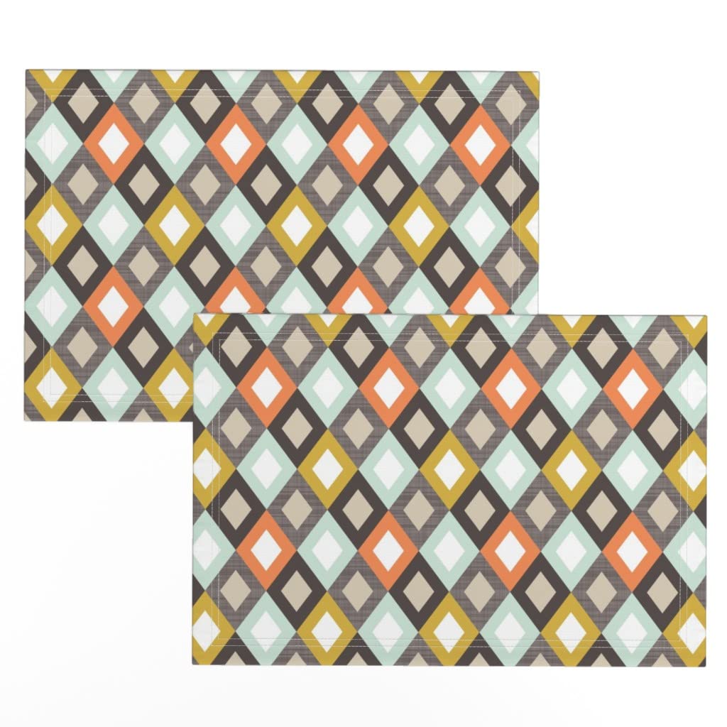 Premium Linen Cotton Canvas Placemats Set of 2 - Diamond Boho Mid Century Modern Retro Vintage Print Table Mats for Dining Room Decor, Kitchen Table Setting & Dinner Party Essentials