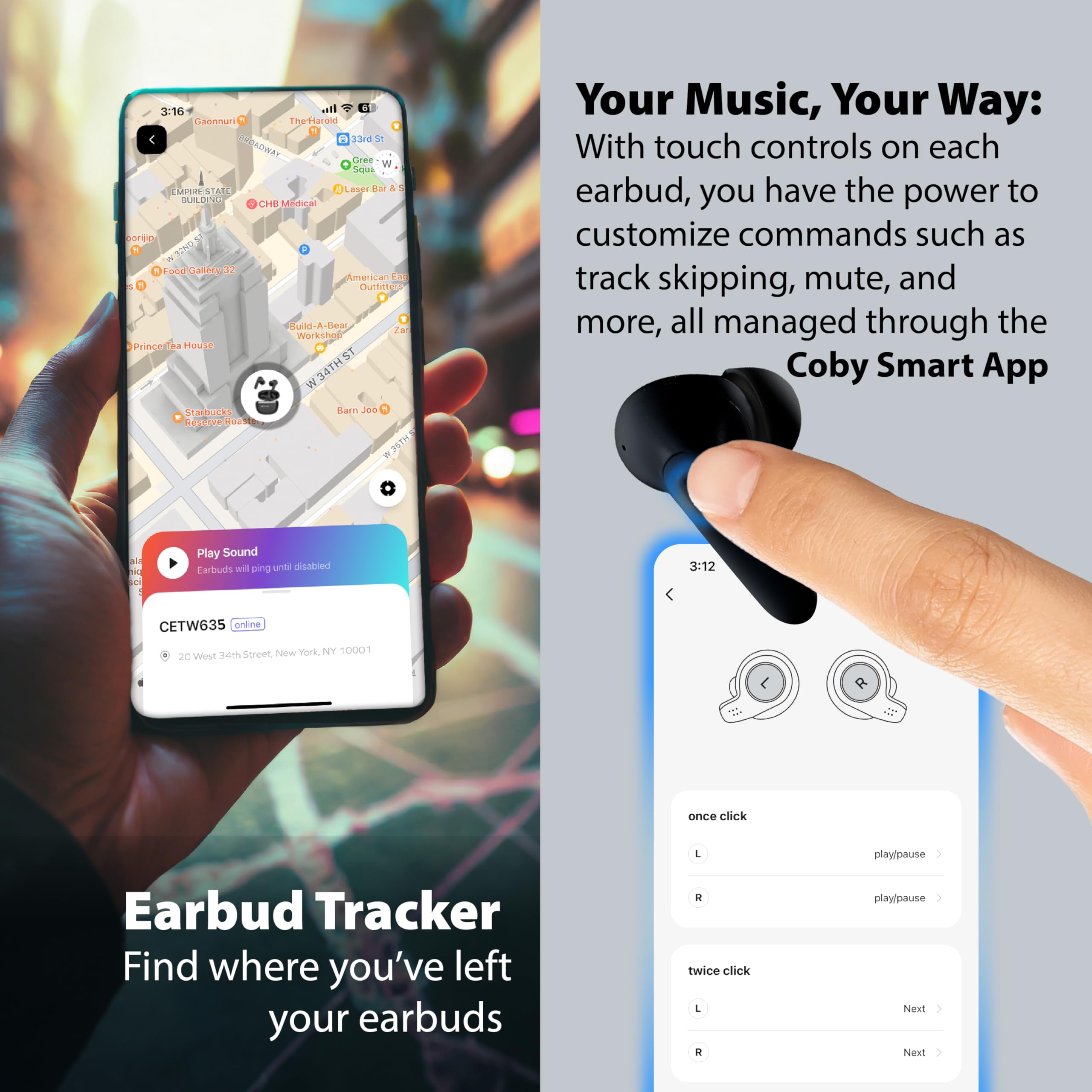 Coby Active Noise Cancelling Wireless Earbuds - 30dB ANC, IPX7 Waterproof, USB-C Charging for Sports & Travel