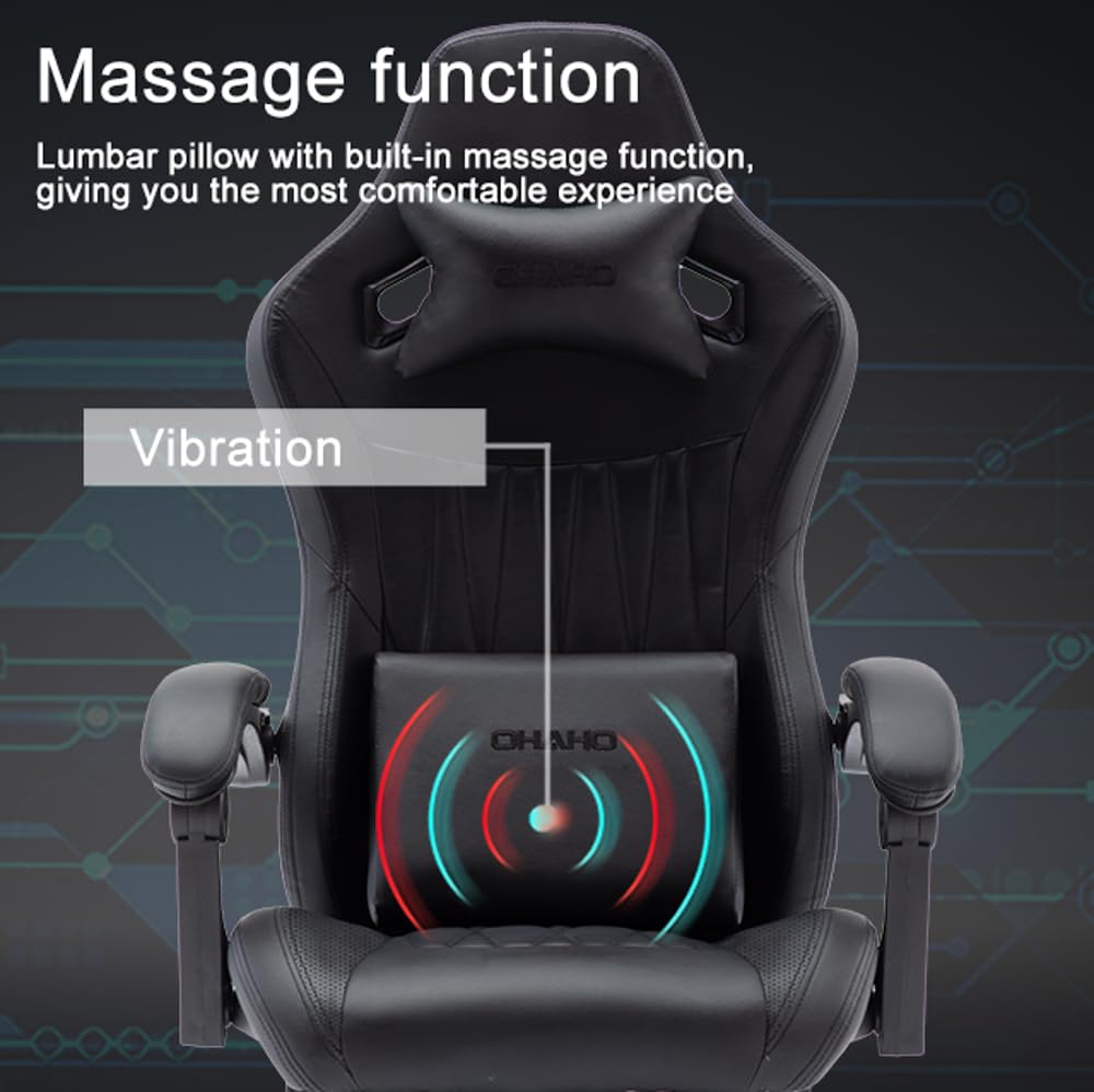 OHAHO Ergonomic Gaming Chair - High Back Office Chair with Adjustable Headrest & Lumbar Support, Leather Computer Desk Chair for Racing Game & Work (Black) - Perfect for Gamers, Home Office & Streaming Setup