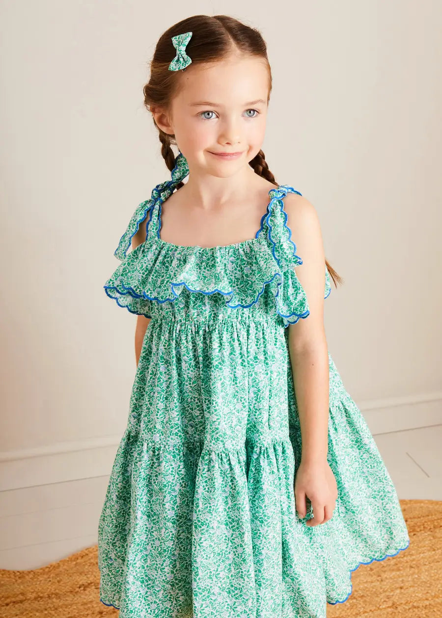 Adelaide Floral Tiered Tie Strap Dress for Girls 4-12 Years | Green Summer Dress with Adjustable Straps | Perfect for Birthday Parties, Family Gatherings & Outdoor Events