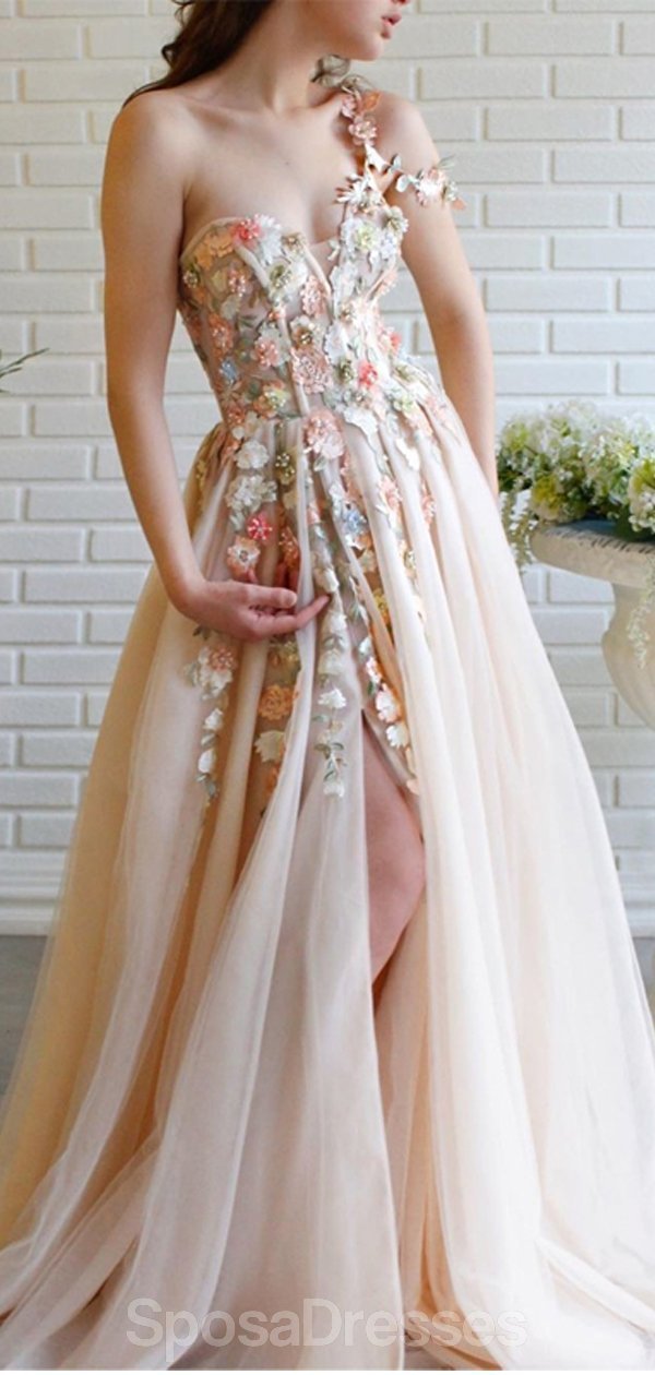 Elegant One Shoulder Lace Flower Long Evening Prom Dress for Women - Formal Gown for Homecoming, Wedding, Party & Special Occasions - Style 12351