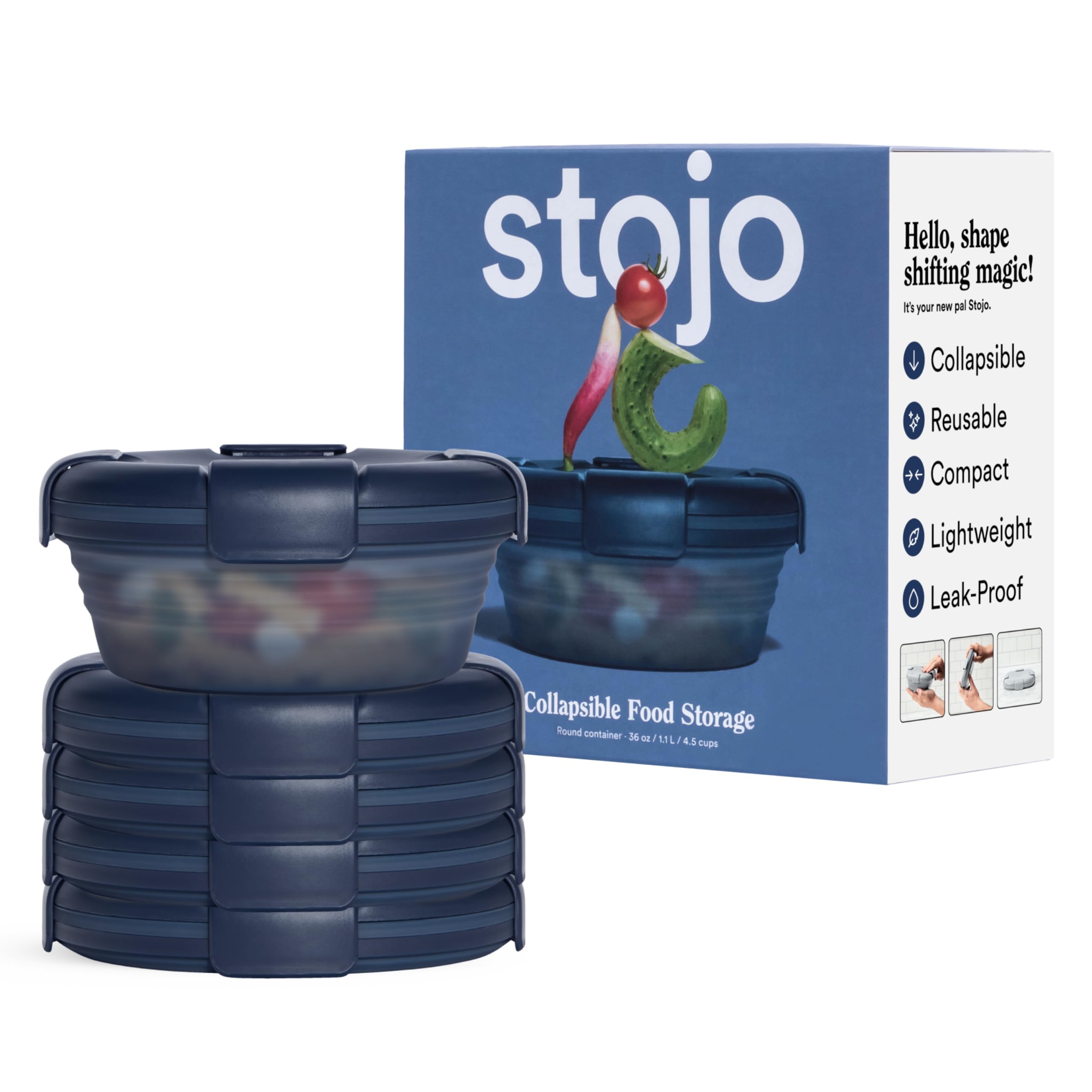 STOJO Collapsible Bowl 5-Piece Set - 36oz Reusable Silicone Food Container for Hot & Cold Meals - Microwave & Dishwasher Safe - Translucent Denim - Ideal for Travel, Camping, Hiking, Office Lunch & Meal Prep - Space-Saving Portable Bowls