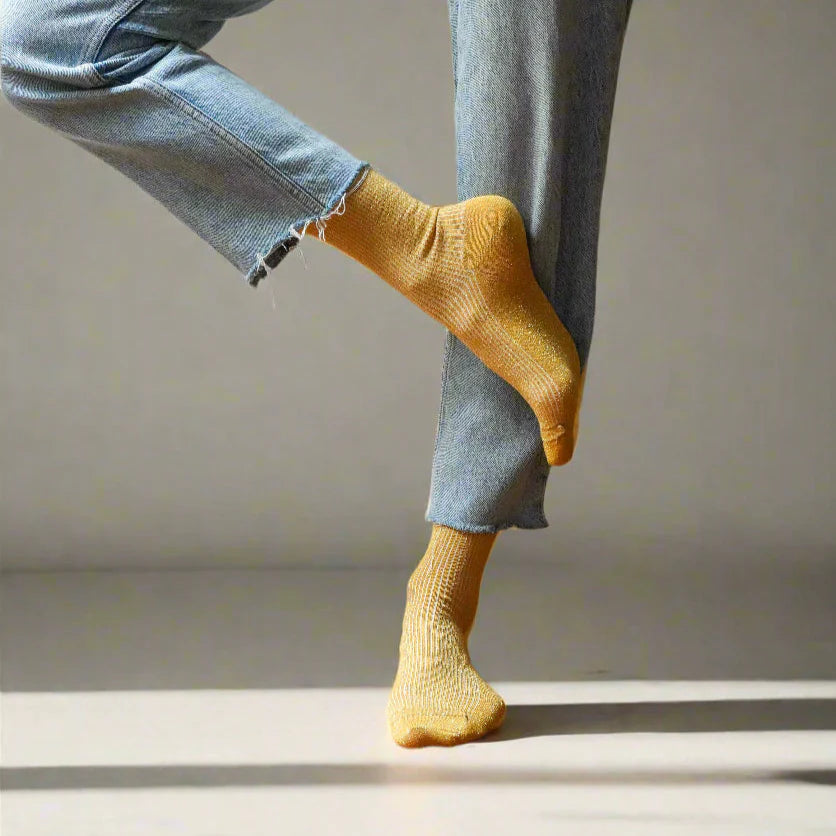 KLUE Glitter Lurex Socks for Women - Mustard Gold Shimmer Party Socks | Perfect for Christmas, New Year, and Holiday Celebrations