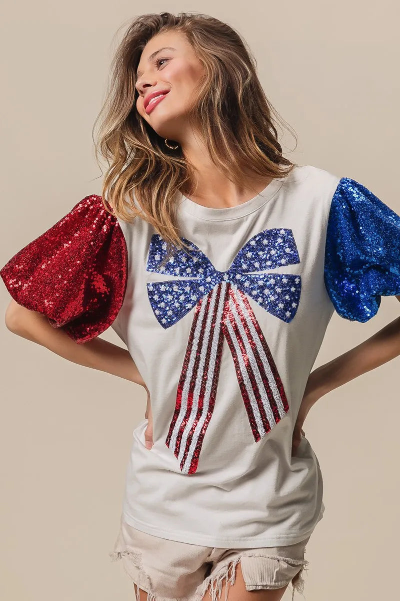 BiBi Sequin American Flag Bow Top - Patriotic Glamour for Women | Perfect for 4th of July, Independence Day & USA Themed Parties