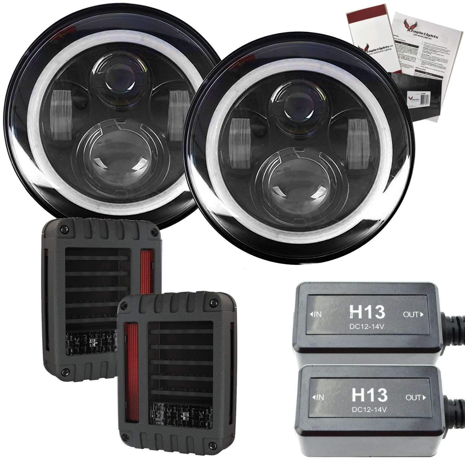 Eagle Lights 7 LED Headlight Kit for Jeep Wrangler & Gladiator - White LED Halo Rings, High Brightness, Plug & Play - Double Pack - Perfect for Off-Roading & Night Driving