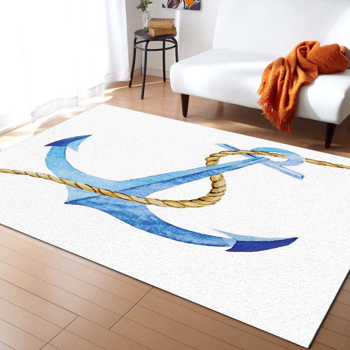 5'x8' Nautical Anchor Sailor Rope Vintage Rectangle Area Rug - Non-Slip Floor Mat for Entryway, Living Room, Bedroom, Kitchen & Bathroom | Coastal Decor Home Accent