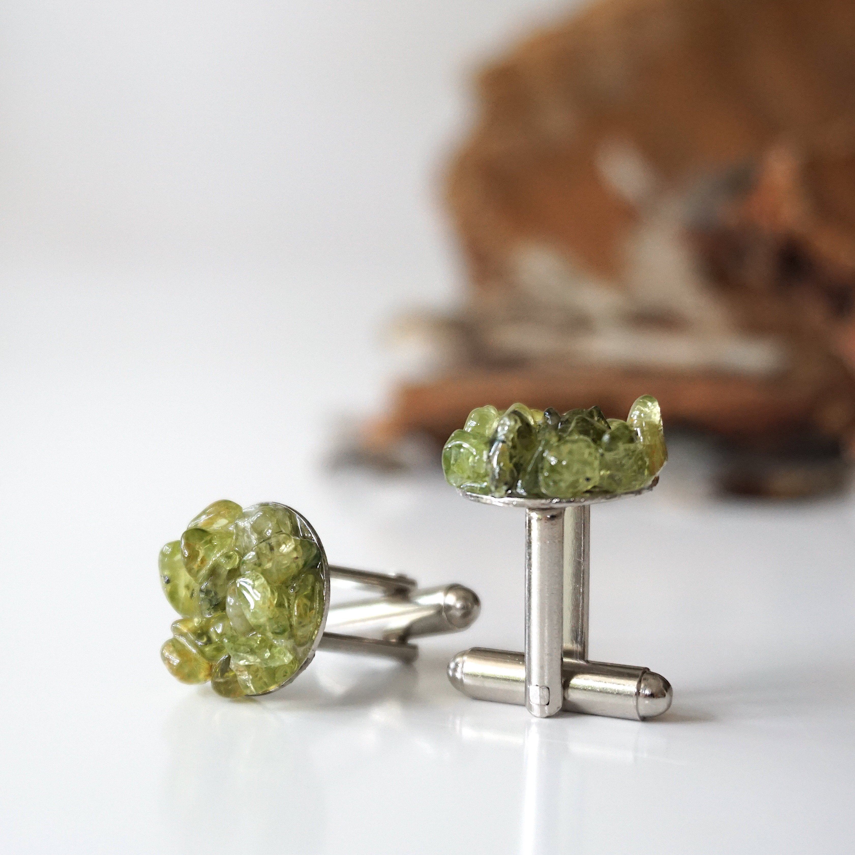 Peridot Cufflinks for Men - White Gold Plated Brass Dress Accessories - Perfect for Weddings, Business Meetings & Formal Occasions