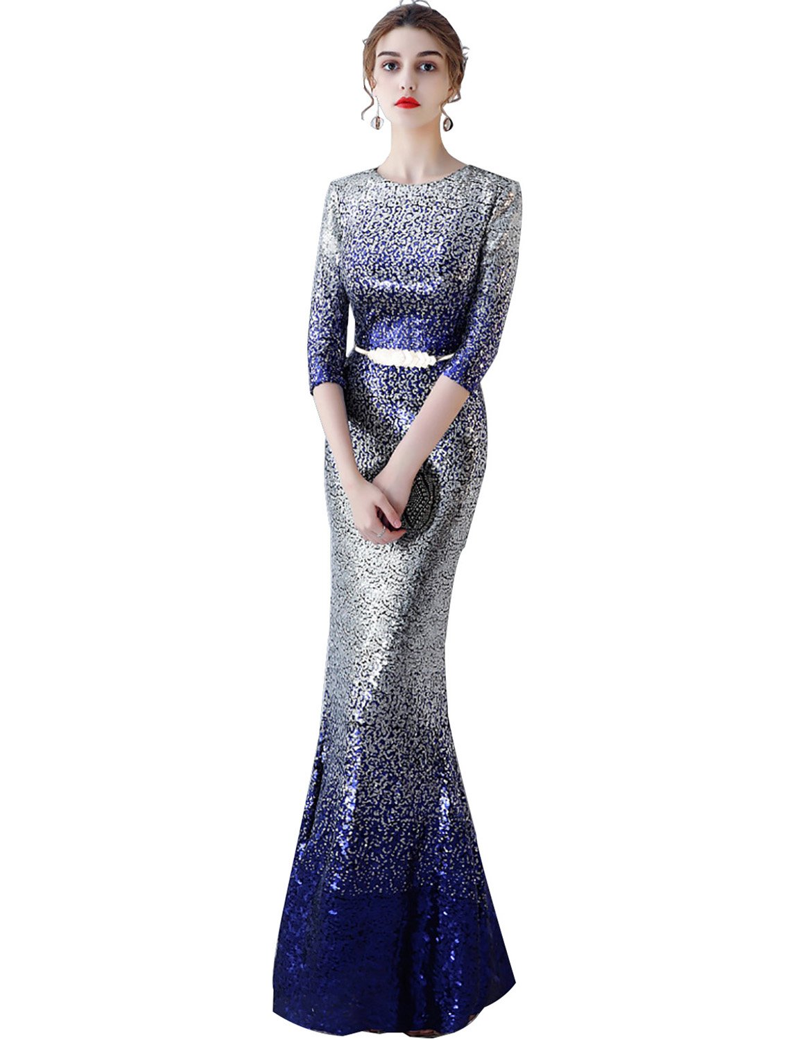 Gradient 2018 Long Sexy Sequin Evening Dress with Sleeves - Elegant Formal Celebrity Gown EV619 for Prom, Wedding, Red Carpet & Special Occasions