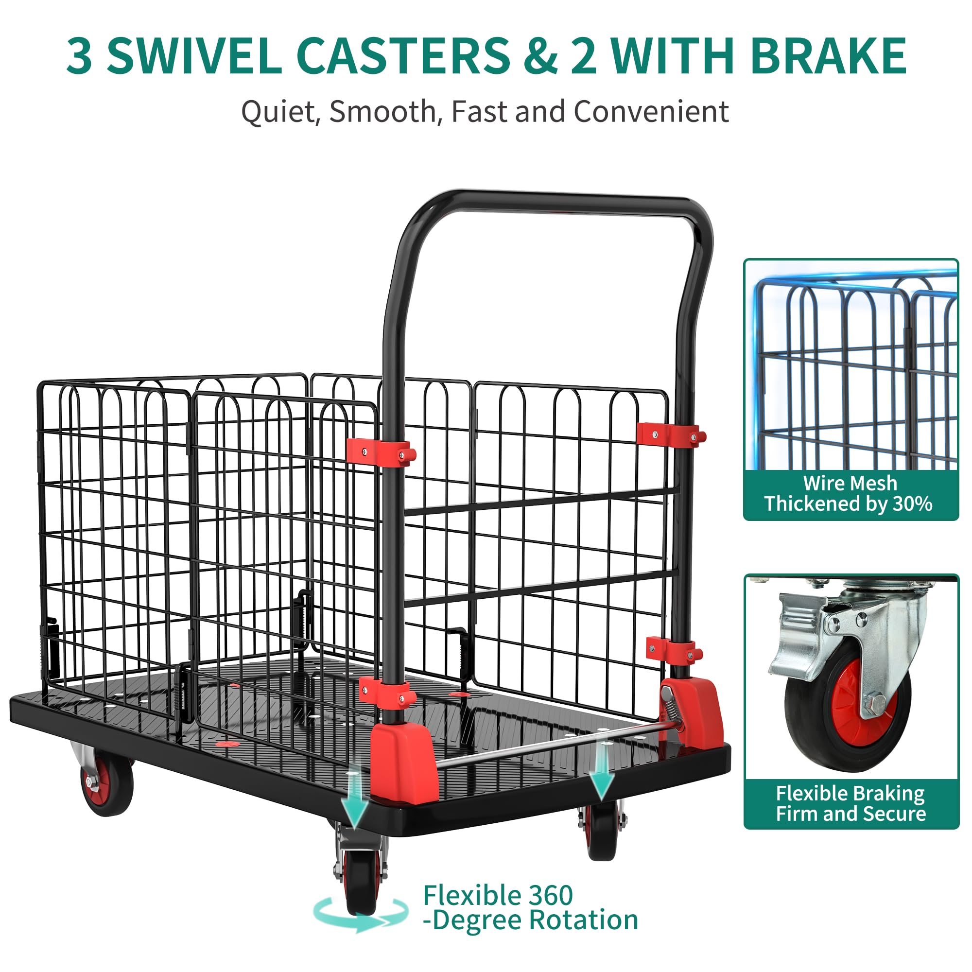 YITAHOME 42 x 26 Inch Heavy Duty Folding Platform Truck Cart with Cage - 1000LBS Capacity, Wheels & Foldable Basket - Perfect for Warehouse, Office, Home Moving & Luggage Transport