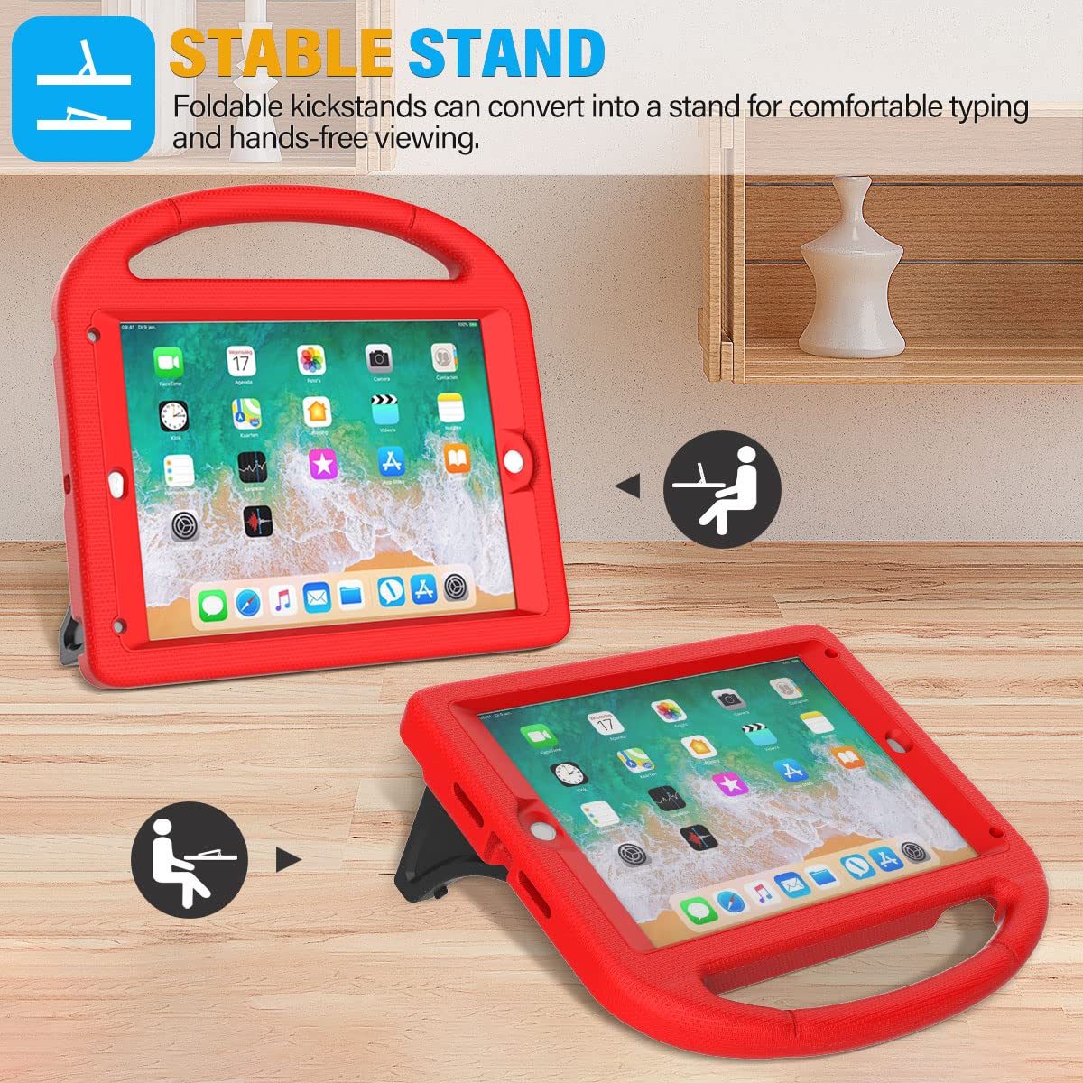 SUPLIK Kids Shockproof Case for iPad 5th/6th Generation (9.7 inch 2017/2018), iPad Air 1/2 & iPad Pro 9.7 - Durable Protective Cover with Handle Stand & Built-in Screen Protector | Perfect for School, Travel & Home Learning (Red)