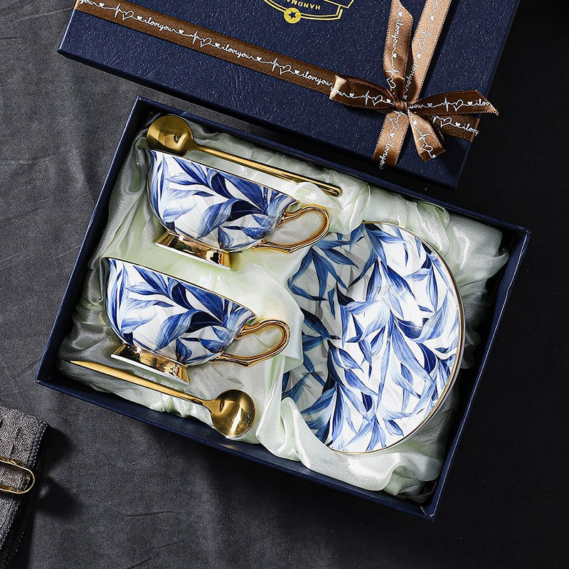 Elegant Blue Bone China Porcelain Tea Cup Set - British Ceramic Coffee Cups with Saucer in Gift Box - Perfect for Afternoon Tea, Bridal Shower & Home Decor
