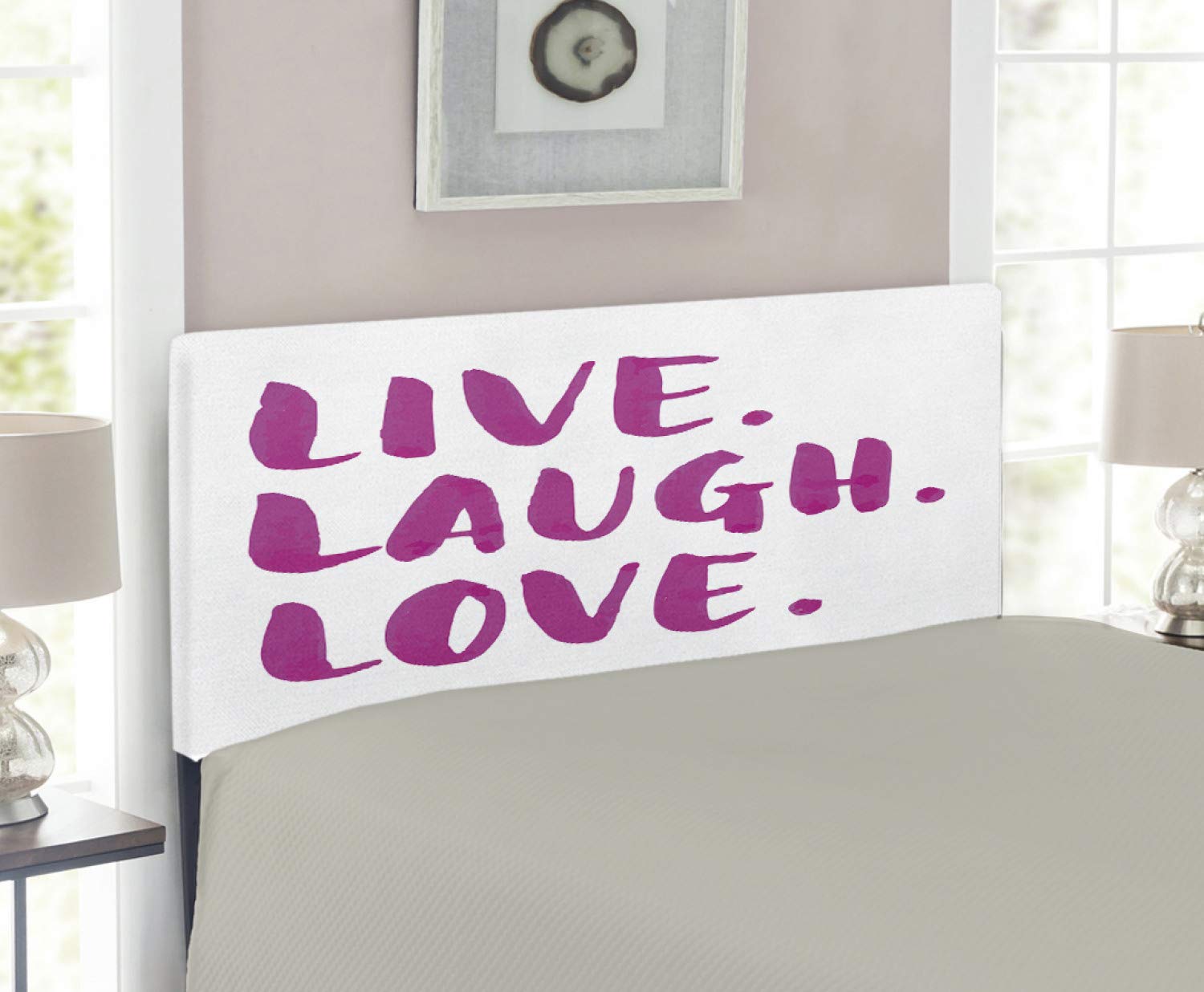 Ambesonne Live Laugh Love Upholstered Headboard - Vibrant Inspirational Calligraphy Design with Memory Foam, Twin Size in Fuchsia & White - Perfect for Bedroom Decor & Cozy Reading Nook