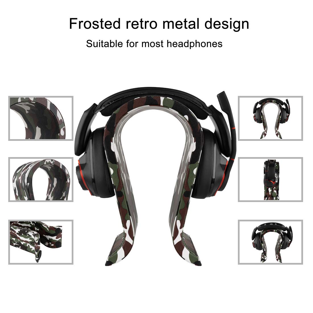 Geekria Vegan Leather & Wooden Omega Headphone Stand - Premium Over-Ear Headphones Holder, Gaming Headset Display Stand for Desk - Compatible with JBL, HyperX, Razer, Turtle Beach, Sony PS5 (Camo) - Perfect for Home Office, Gaming Setup & Studio Organization