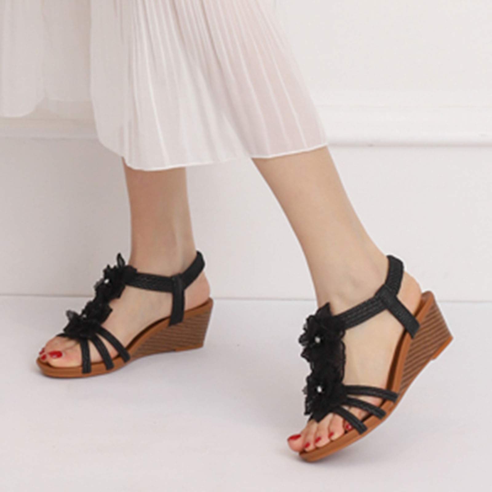 Women's Saralris Wedge Sandals - Peep Toe Cutout Design with Rhinestone Accents, Comfortable Mid Heel for Beach, Vacation & Summer Outfits
