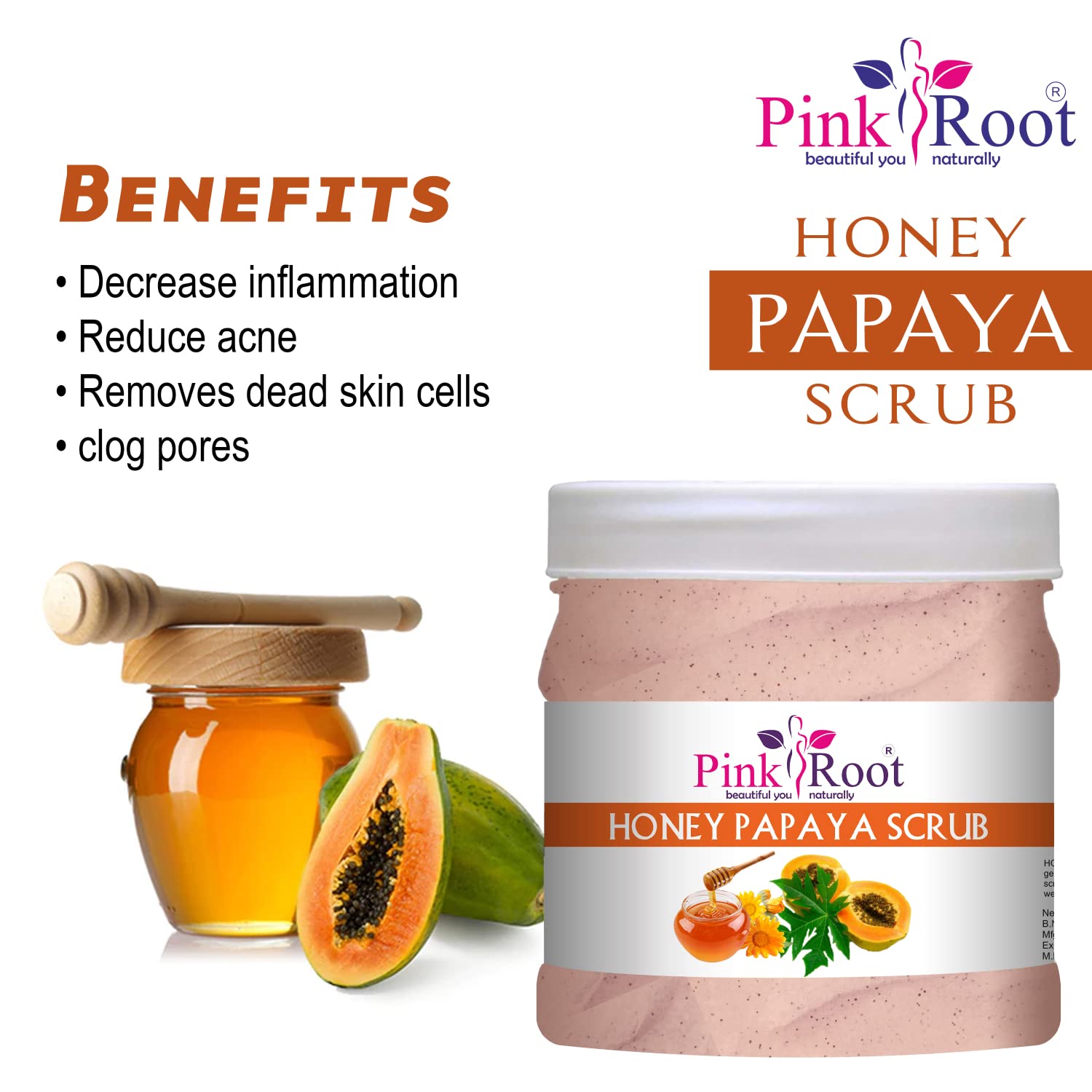 Organic Pink Root Honey Papaya Scrub 500g - Natural Exfoliating Face & Body Scrub for Glowing Skin - Perfect for Spa Day & At-Home Skincare Routine