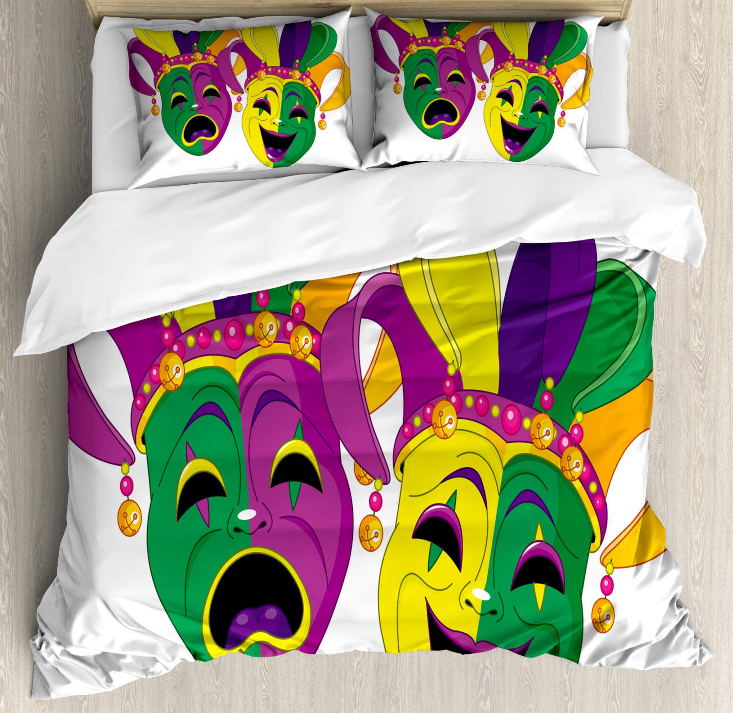 Ambesonne Mardi Gras Duvet Cover Set 3-Piece | Traditional Tragedy & Comedy Festival Celebration | Masquerade Themed Bedding with 2 Pillow Shams | California King Size Multicolor | Perfect for Carnival Parties, Themed Bedrooms & Festival Decor