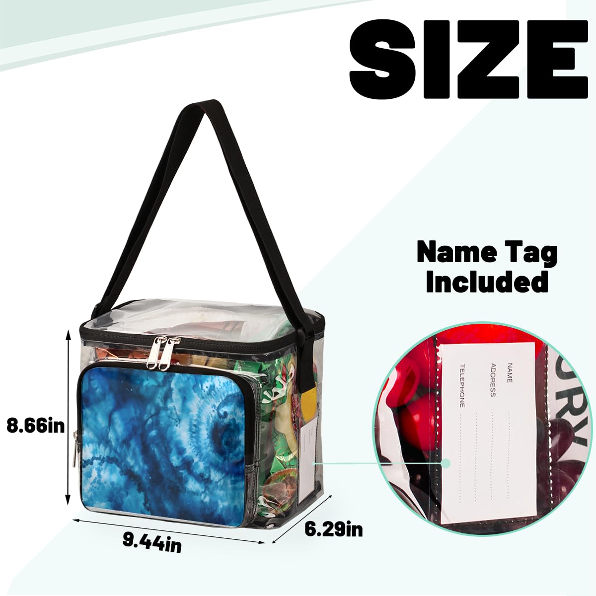 Swirl Tie Dye Clear Tote Bag with Handles - Blue Swirl Design Transparent Crossbody Shoulder Bag for Lunch, Beach & Outdoor Activities | Perfect for Travel, Picnics, Concerts & Sports Events | Stadium Approved Multipurpose Bag