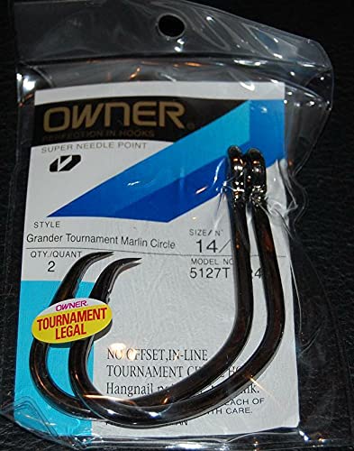 Owner GRANDER Tournament Marlin Circle Hooks Size 14/0 - Pack of 2 - Heavy Duty Saltwater Fishing Hooks for Big Game Fishing (Legal 5127T-241) - Perfect for Offshore Tuna, Marlin and Swordfish Angling