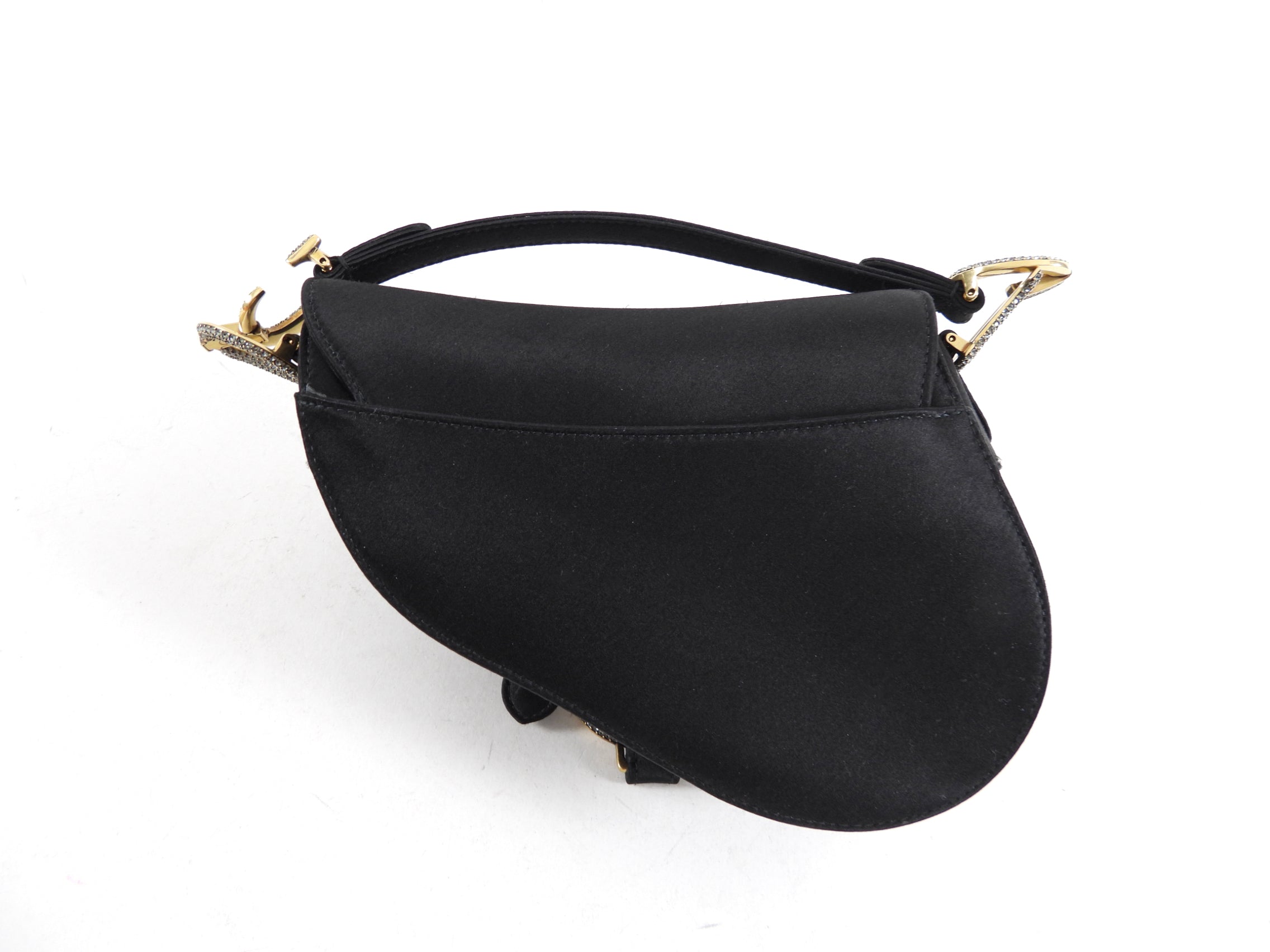 Christian Dior Black Satin Crystal Embellished Mini Saddle Bag - Luxury Crossbody Purse for Women, Perfect for Evening Parties & Special Occasions
