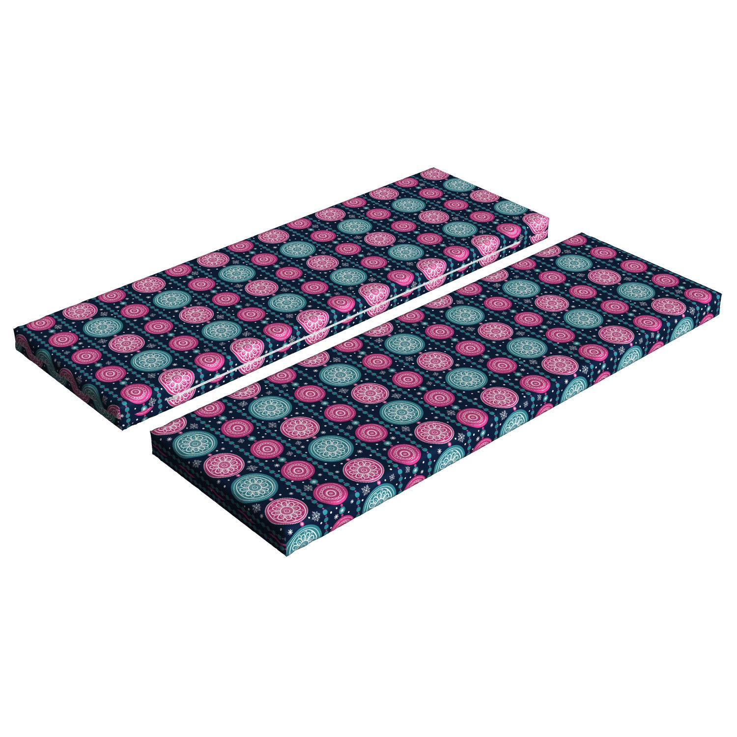 Ambesonne Christmas Bench Cushion Set of 2 - Pink Blue Floral Circles Holiday Pattern with Vertical Borders - Standard Size 45