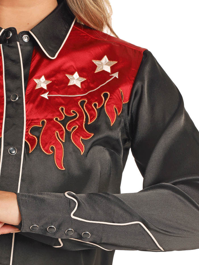 Vintage Rock & Roll Denim Shirt for Women - Retro Flame Print Black Button-Up Top | 70s Inspired Fashion for Concerts, Parties & Casual Wear