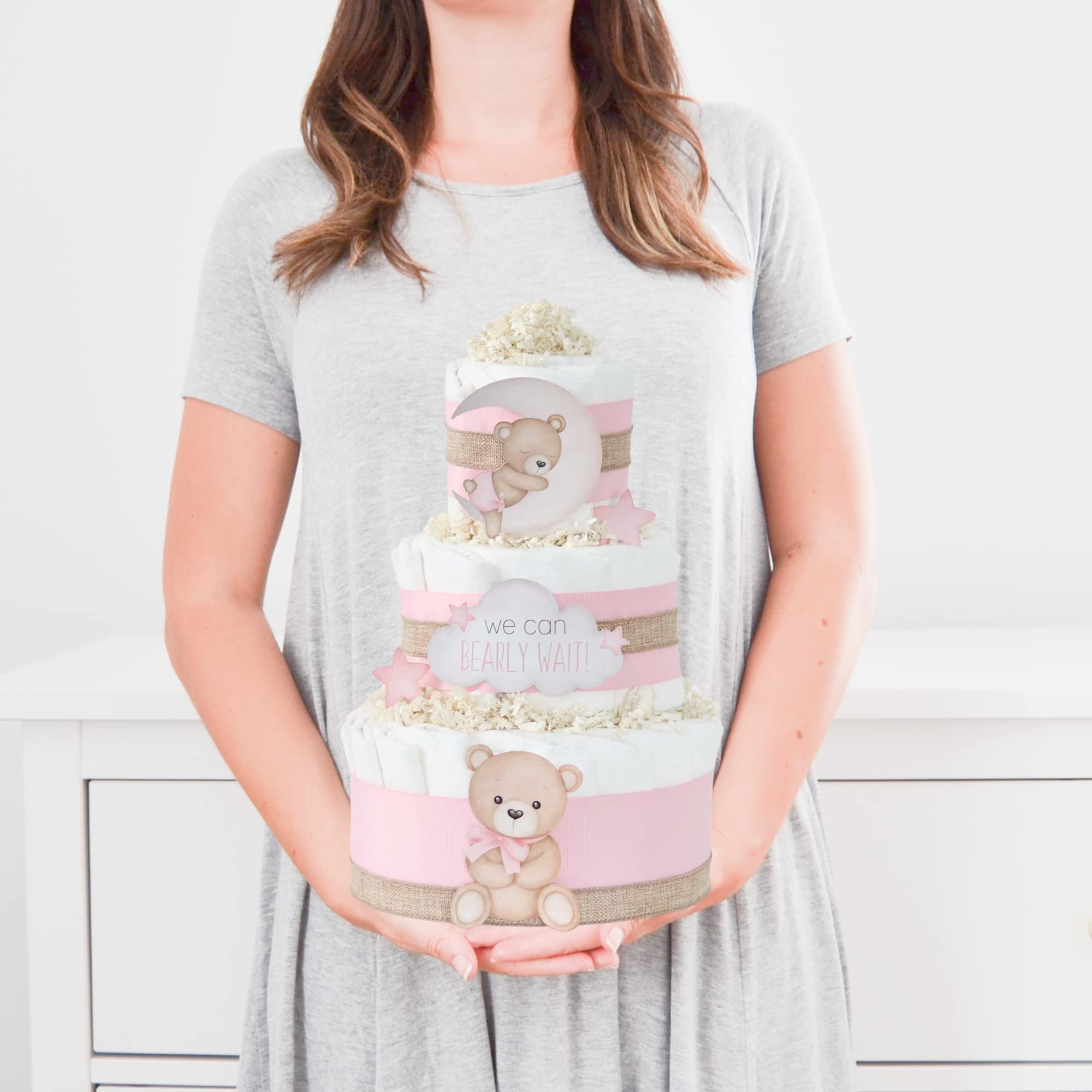 Pink Teddy Bear Diaper Cake - Adorable Baby Shower Centerpiece for Newborn Girls - Perfect Moon & Stars Themed Gift for Gender Reveal & Nursery Decor
