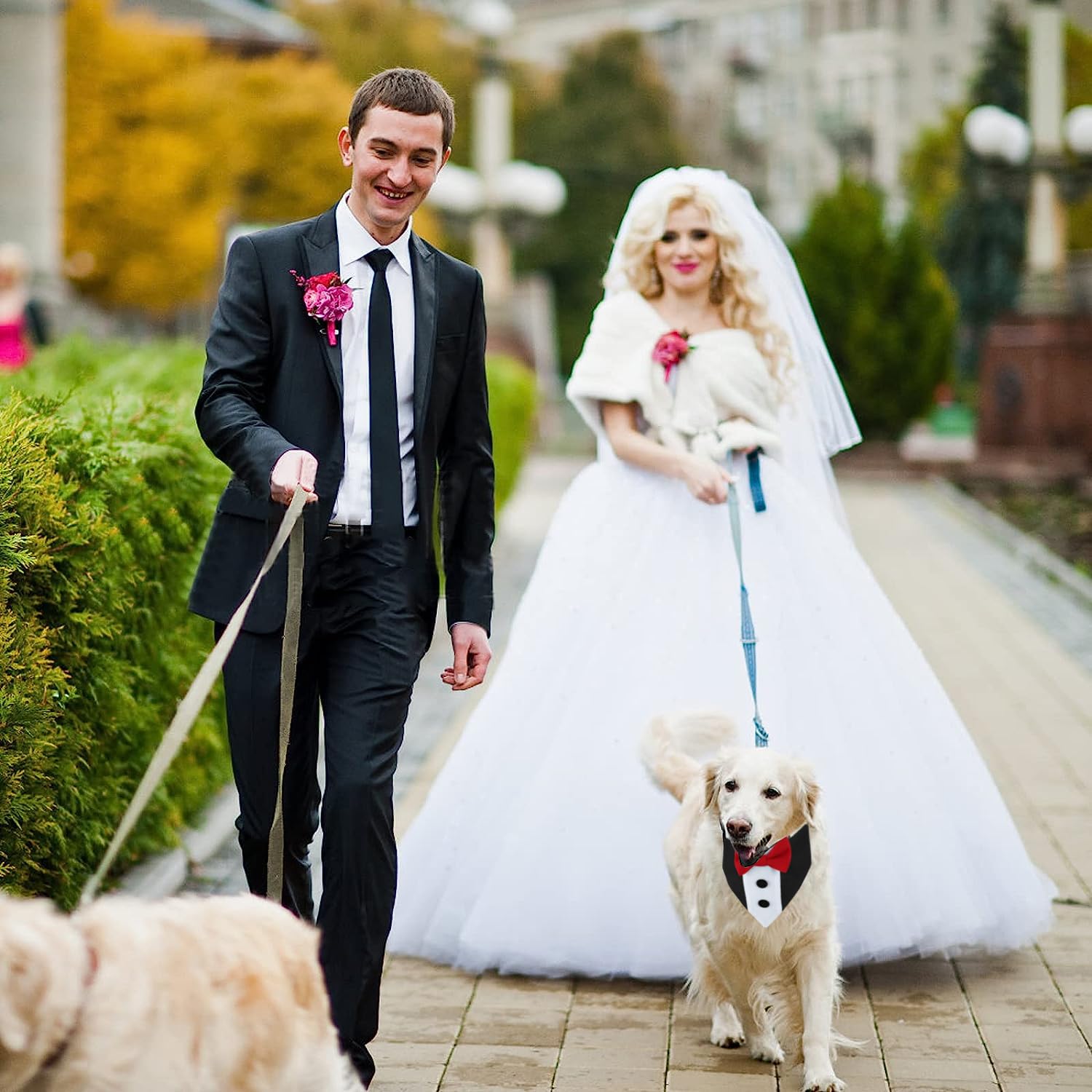 Dog Tuxedo & Adjustable Collar with Red Bow Tie - Formal Wedding & Birthday Outfit for Small, Medium & Large Dogs | Detachable Bow Tie & Scarf for Pet Weddings, Parties & Special Occasions