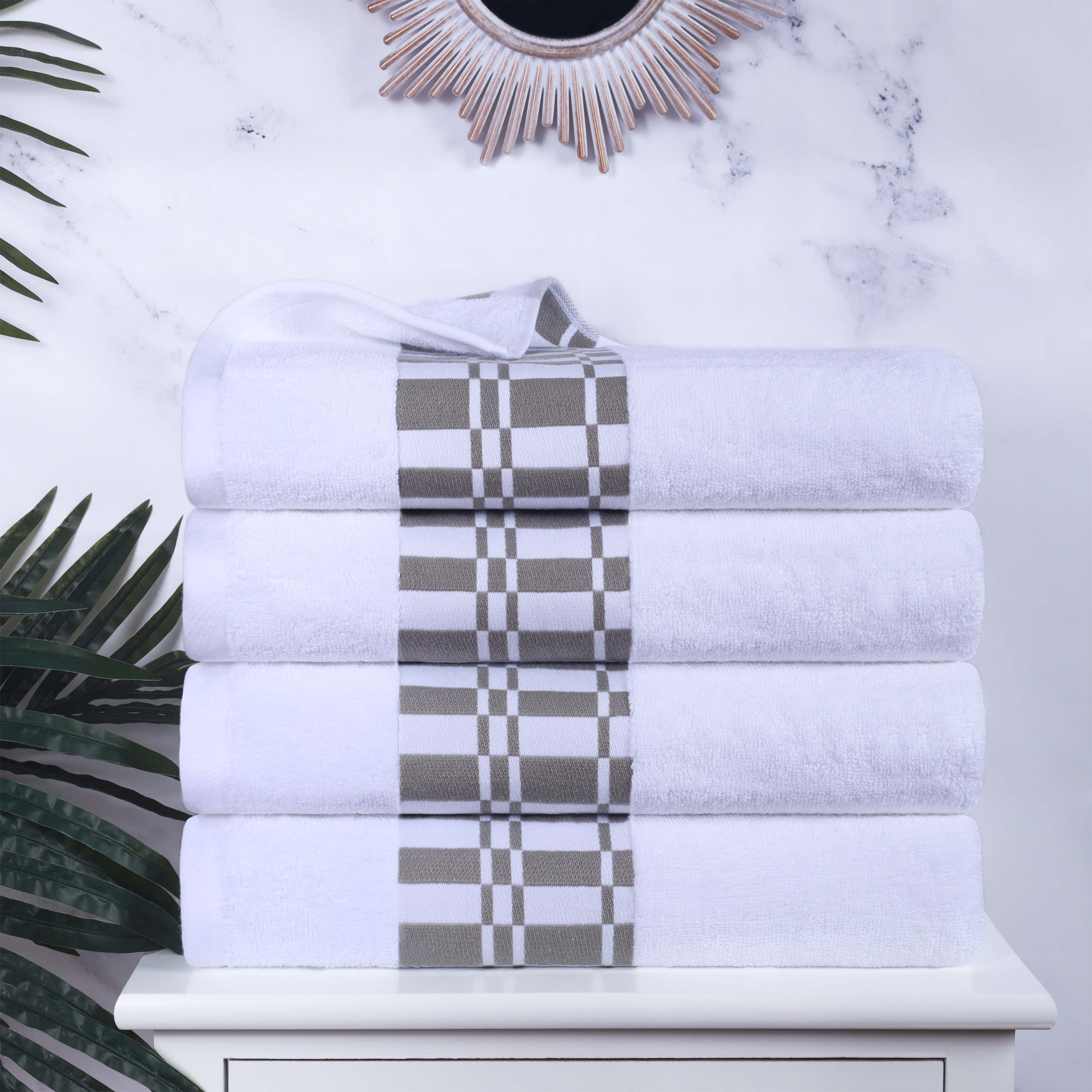 Larissa Cotton Geometric Embroidered Border Bath Towels Set of 4 - Soft Absorbent Quick-Dry Luxury Towels for Spa, Bathroom, Pool & Beach Use