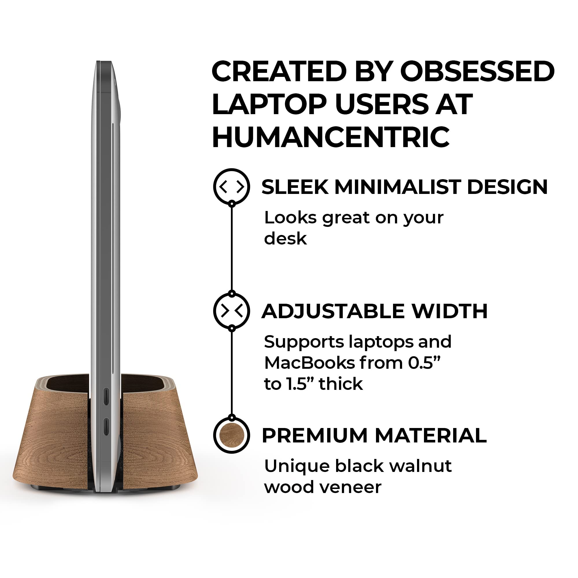 HumanCentric Vertical Laptop Stand with USB-C Docking Station - Ergonomic Wooden Stand & 87W Charger for MacBook/Windows - Space-Saving Desk Organizer for Home Office & Workspace Productivity